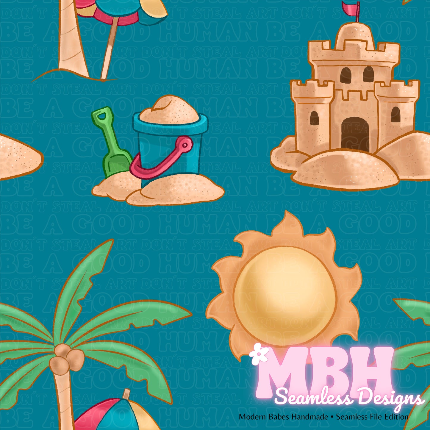 Sun and Sandcastles Seamless Pattern MULTIPLE COLORWAYS