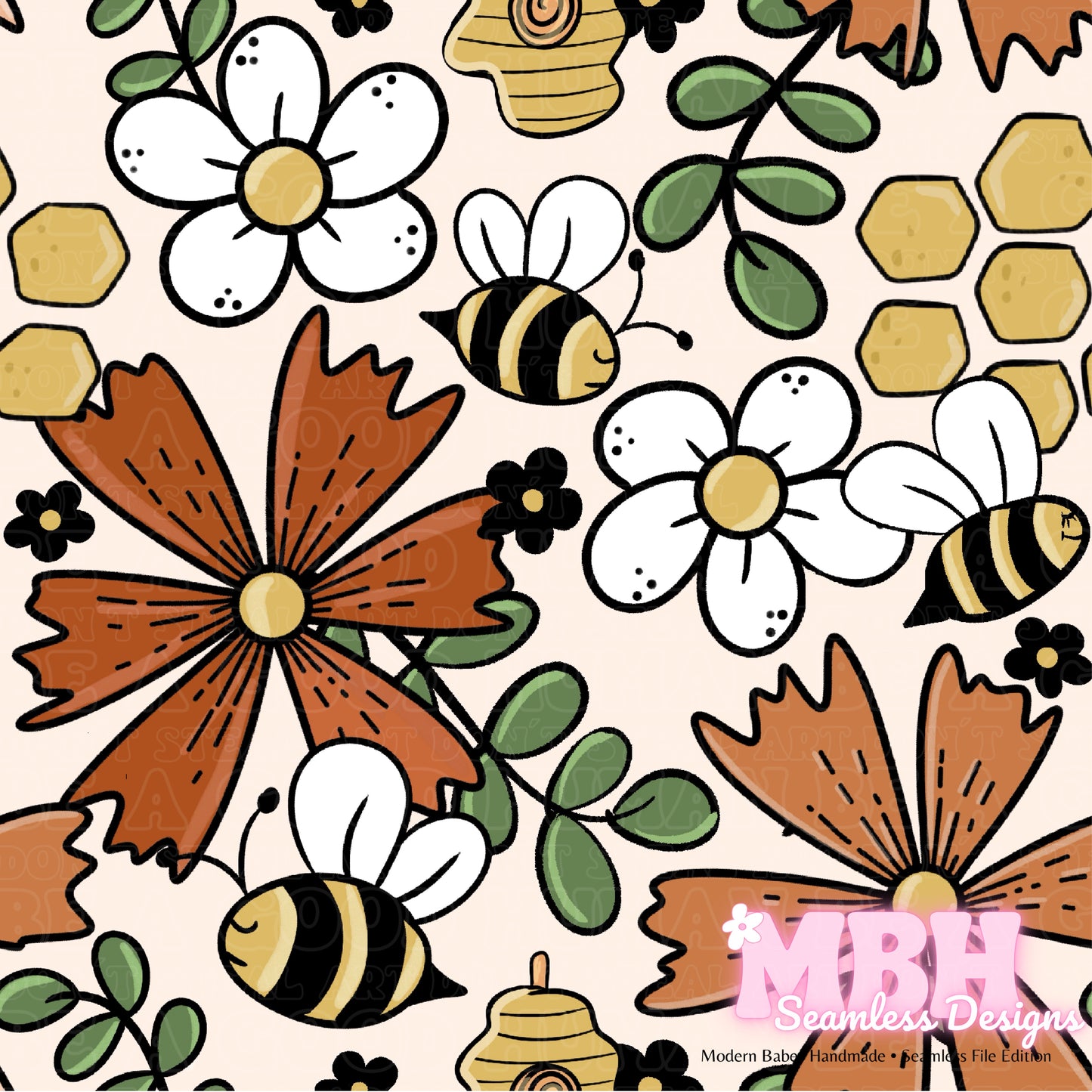 Floral Bees MULTIPLE COLORWAYS Seamless Pattern