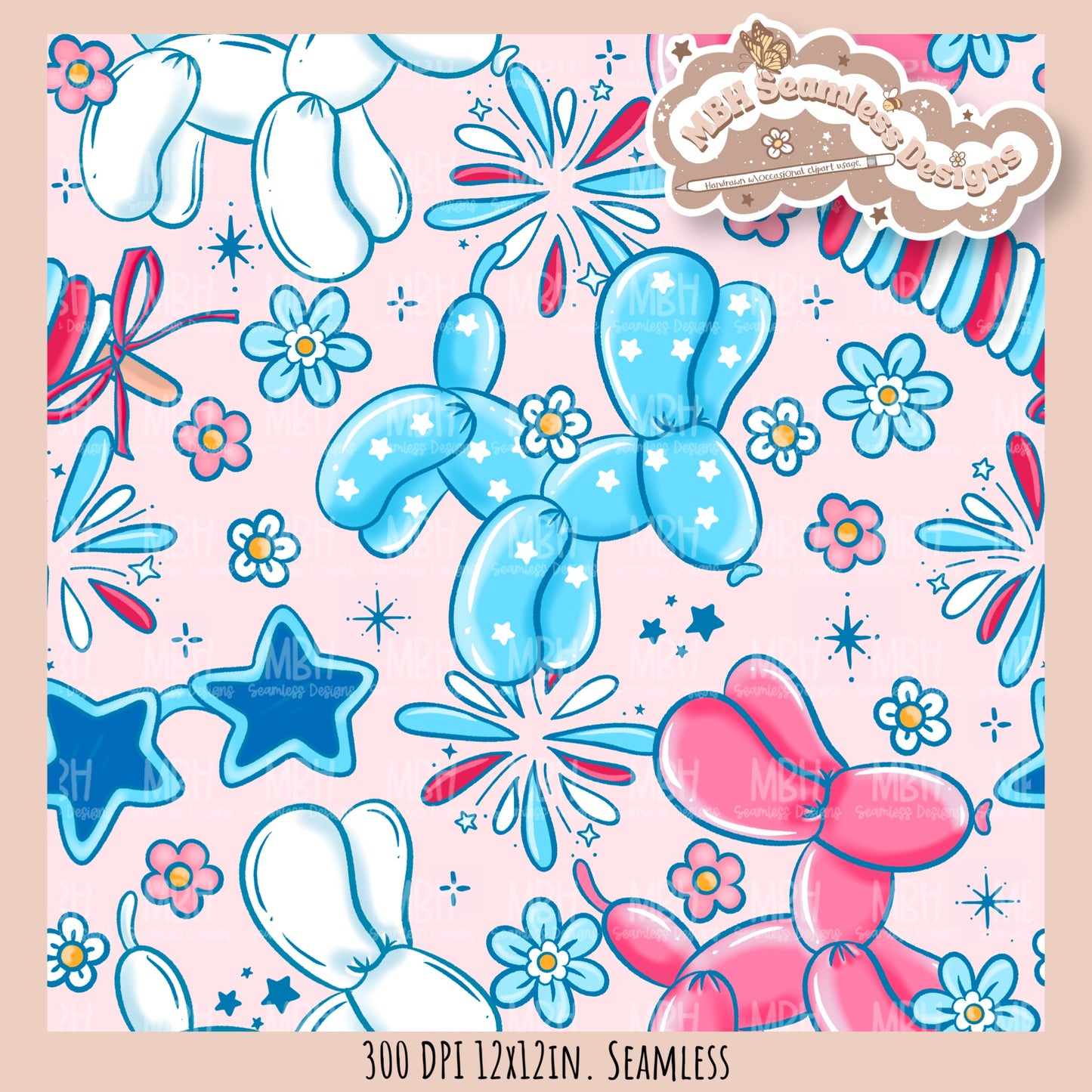 Floral FOJ Dog Balloons Seamless Pattern // MULTIPLE COLORWAY OPTIONS