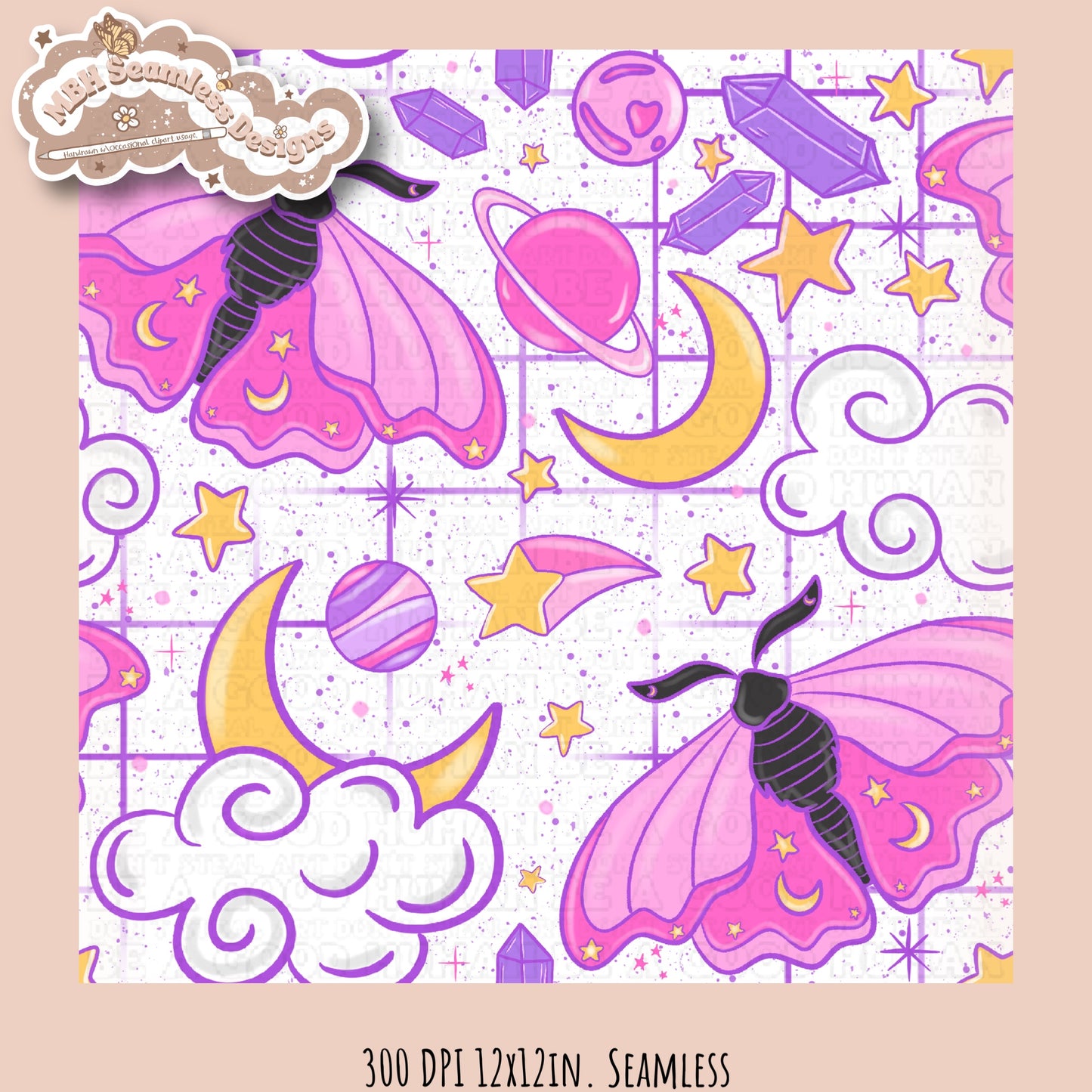 Galaxy Moths Seamless Pattern Multiple Colorways