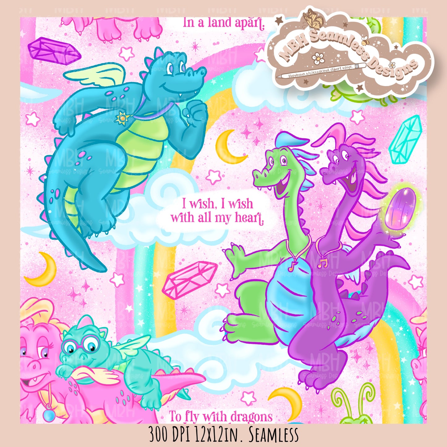 Rainbow Dragon Tales Seamless Pattern  // MULTIPLE COLORWAYS // PNG