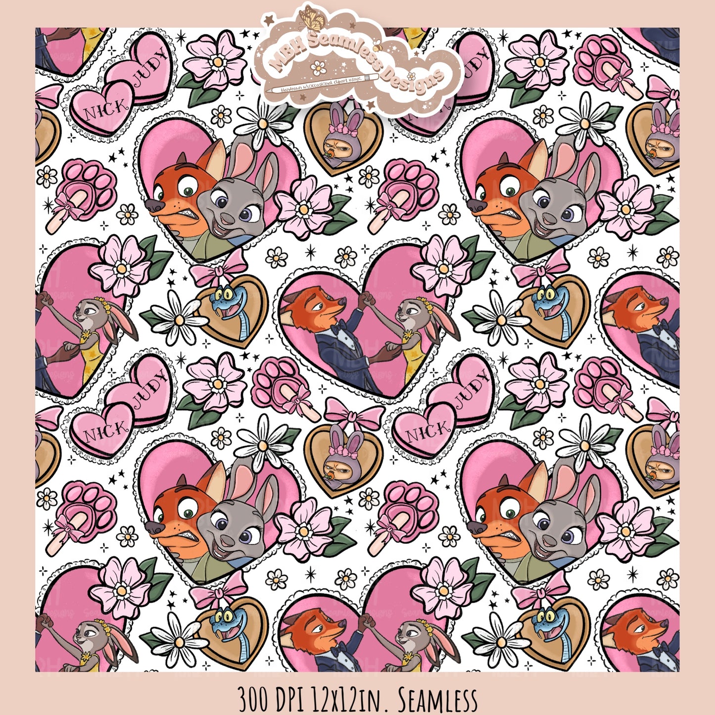 Nick & Judy Romance Seamless Pattern // PNG // Assorted Colorways