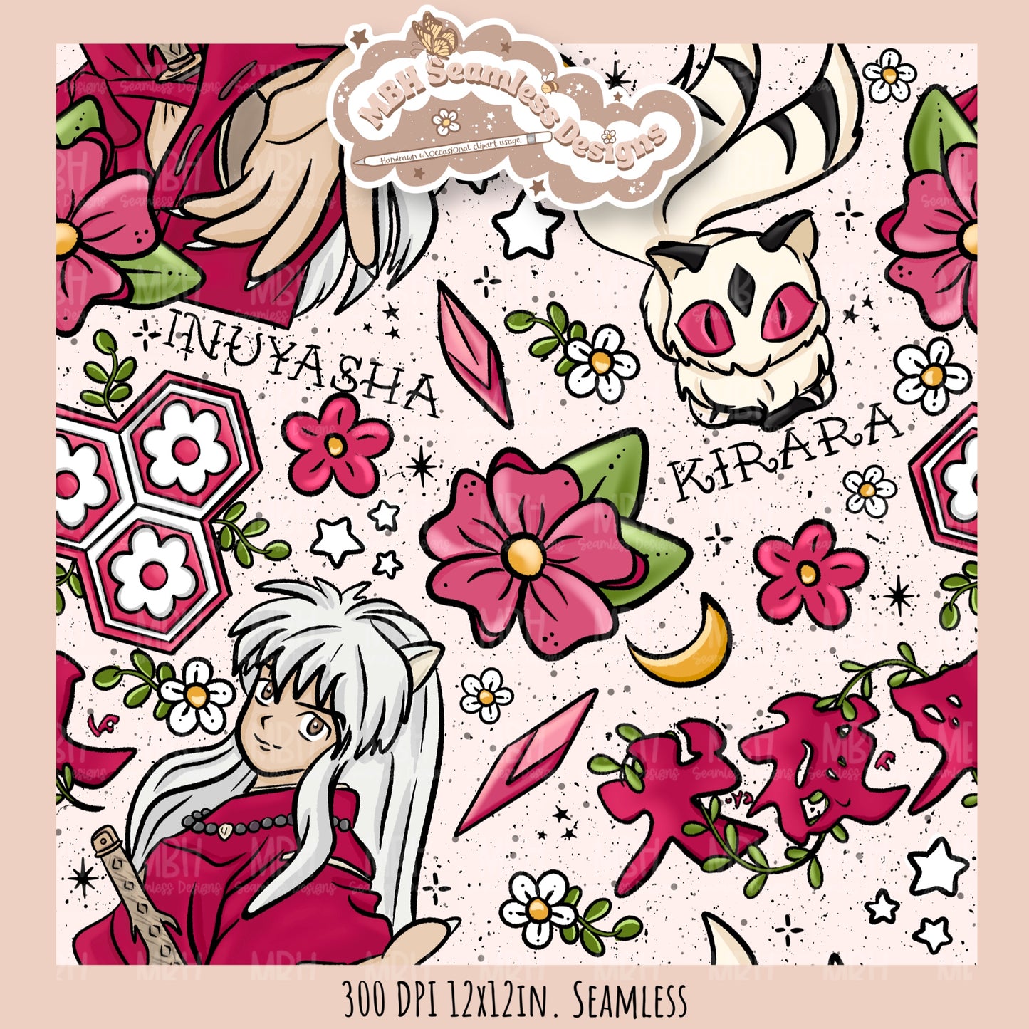 InuYasha Kirara Floral Seamless Pattern // PNG // MULTIPLE COLORWAY OPTIONS