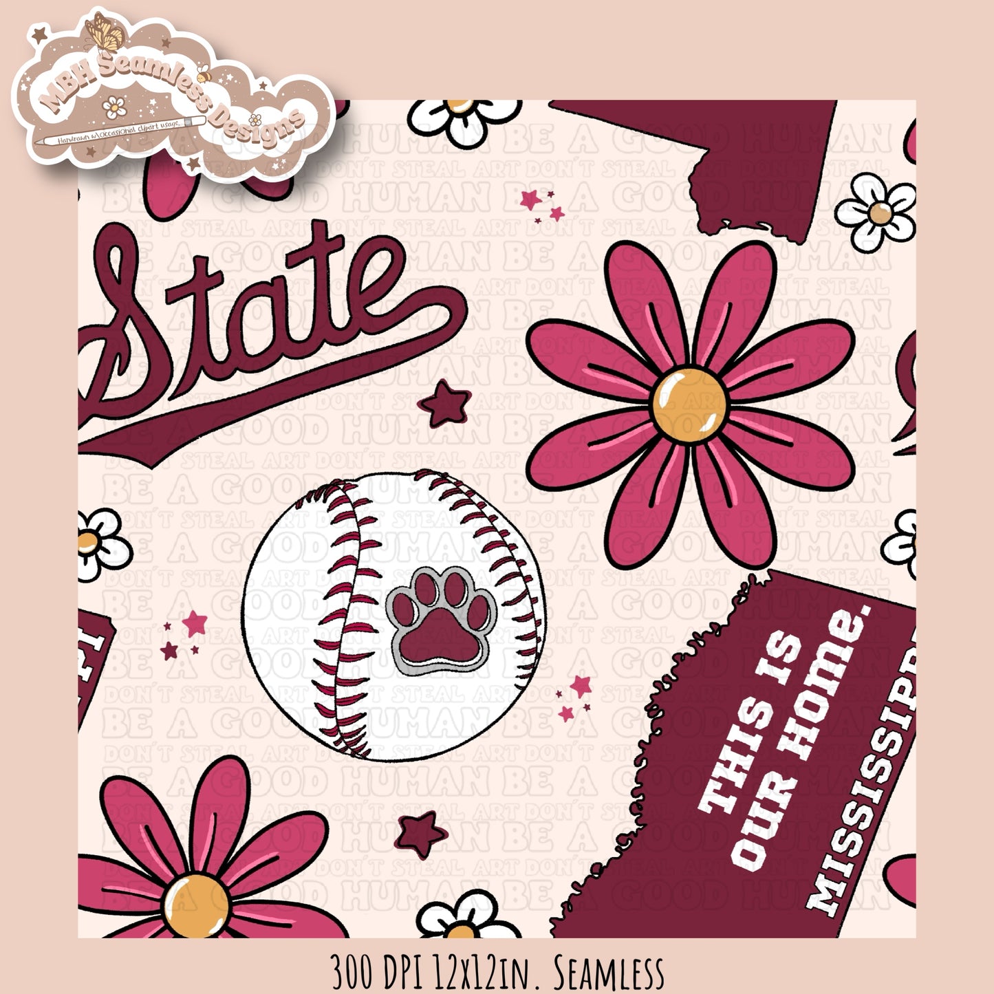 Mississippi State Softball Seamless Pattern MULTIPLE COLORWAYS