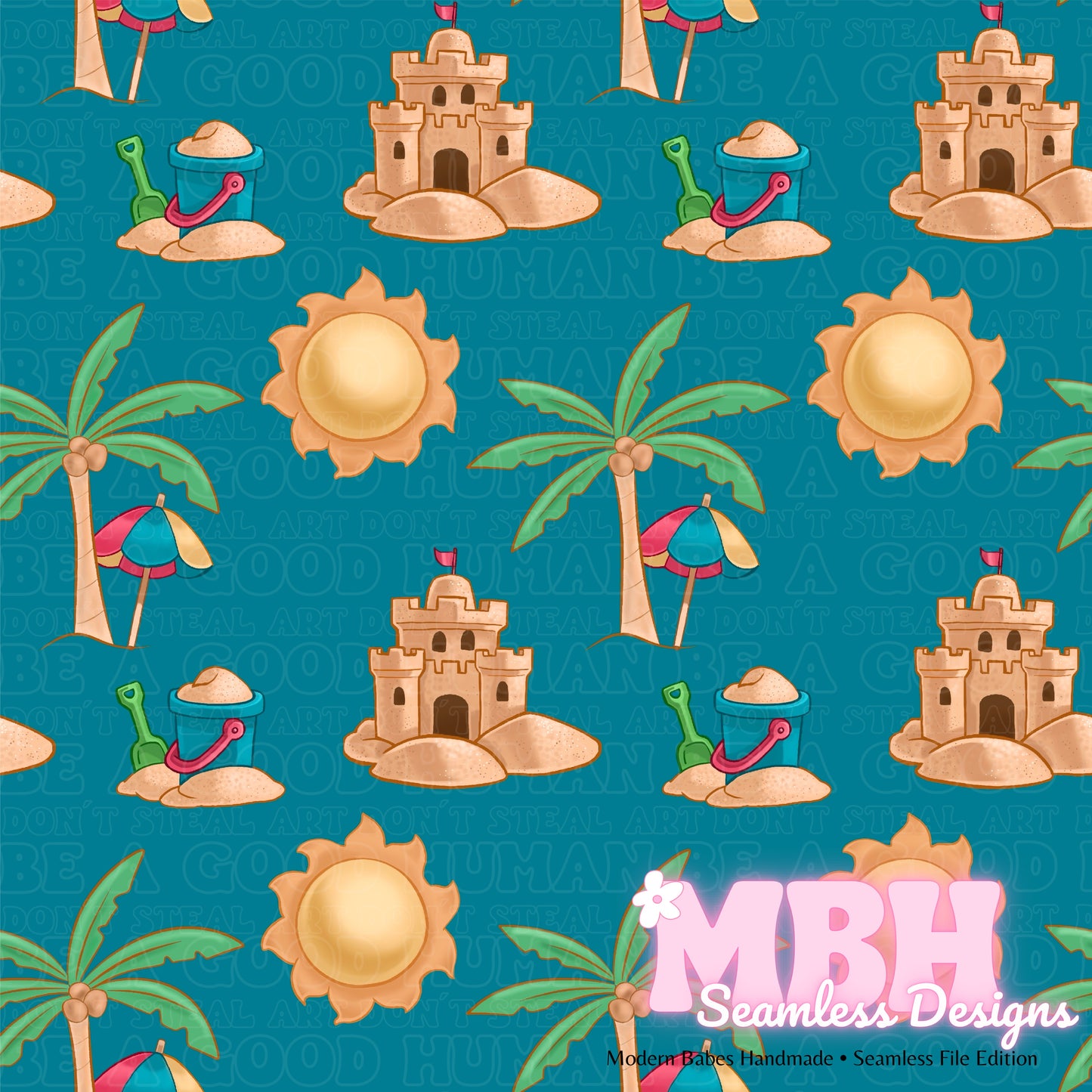 Sun and Sandcastles Seamless Pattern MULTIPLE COLORWAYS