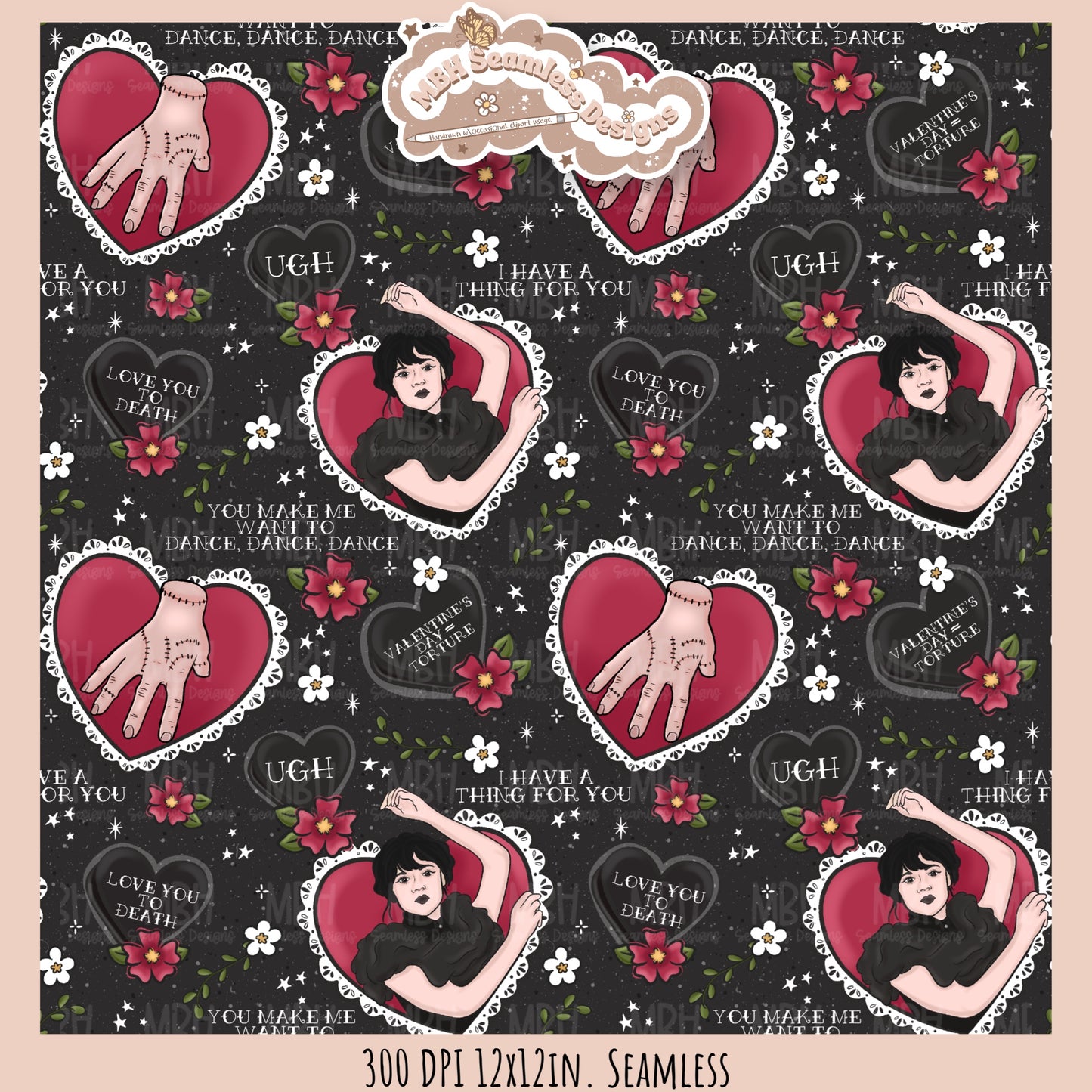 Wednesday Red Tattoo Hearts  Seamless Pattern // PNG // Assorted Colorways