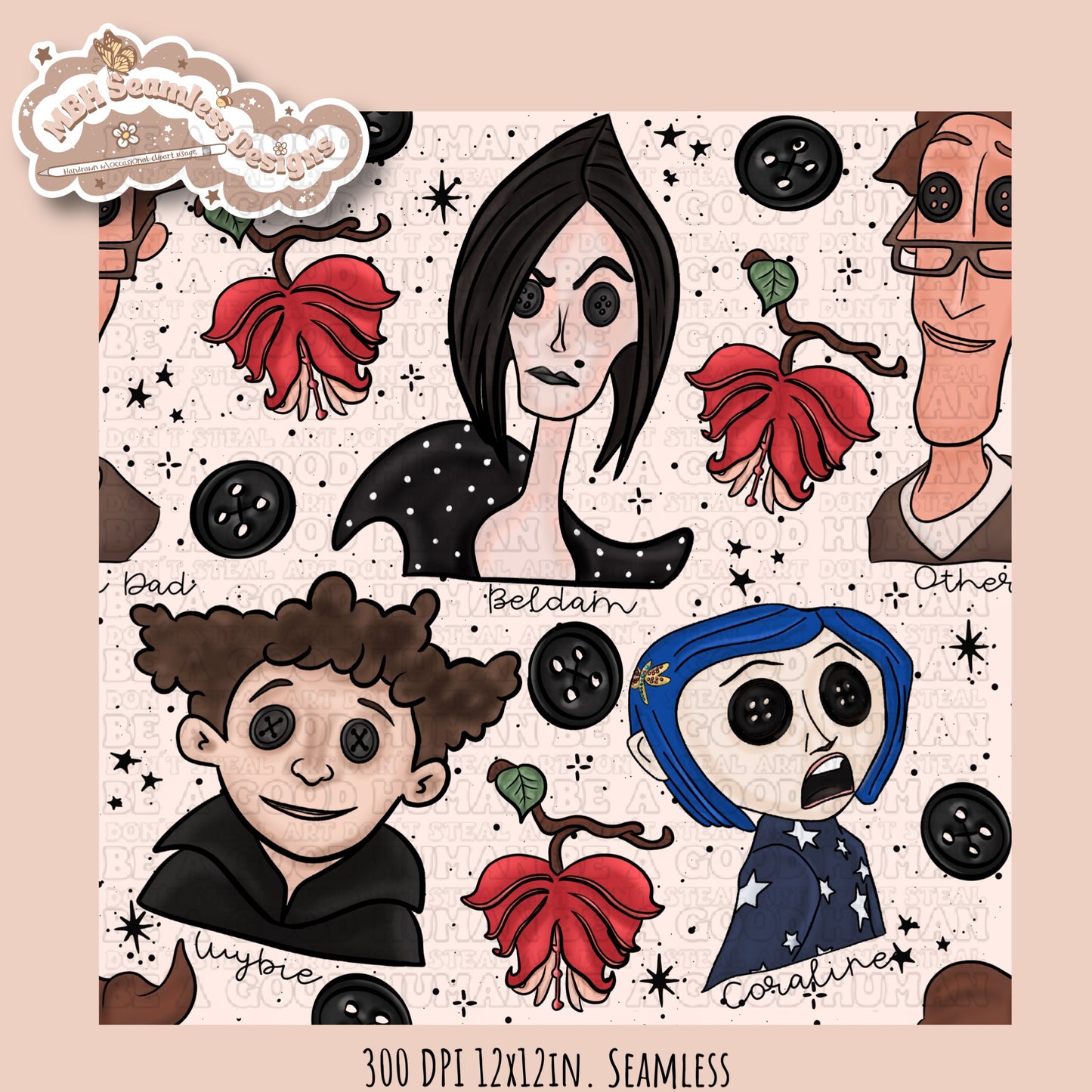 Bleeding Hearts Button Eyes Seamless Pattern Multiple Colorway Options