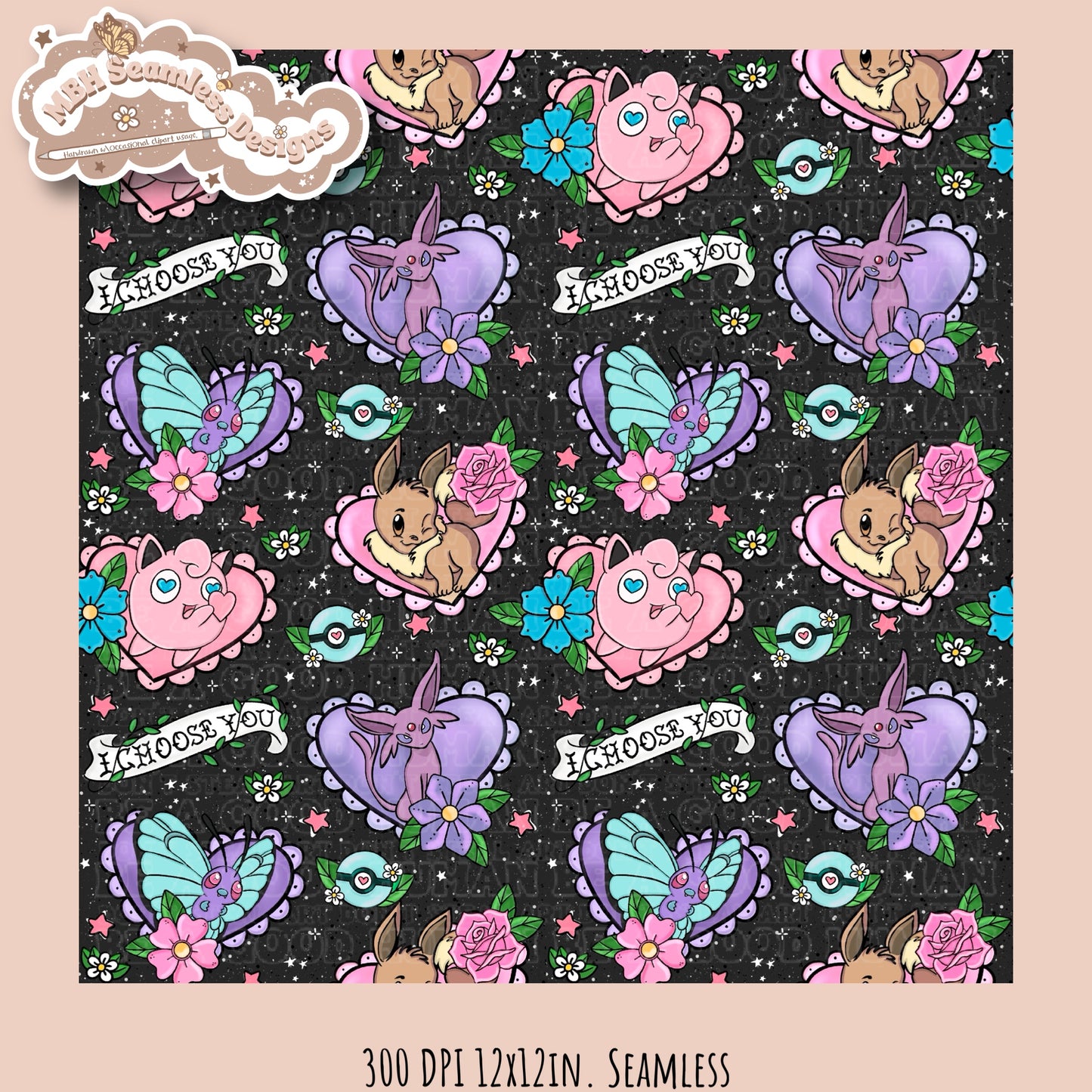 Pokémon Tattoo Hearts Seamless Pattern Multiple Colorways