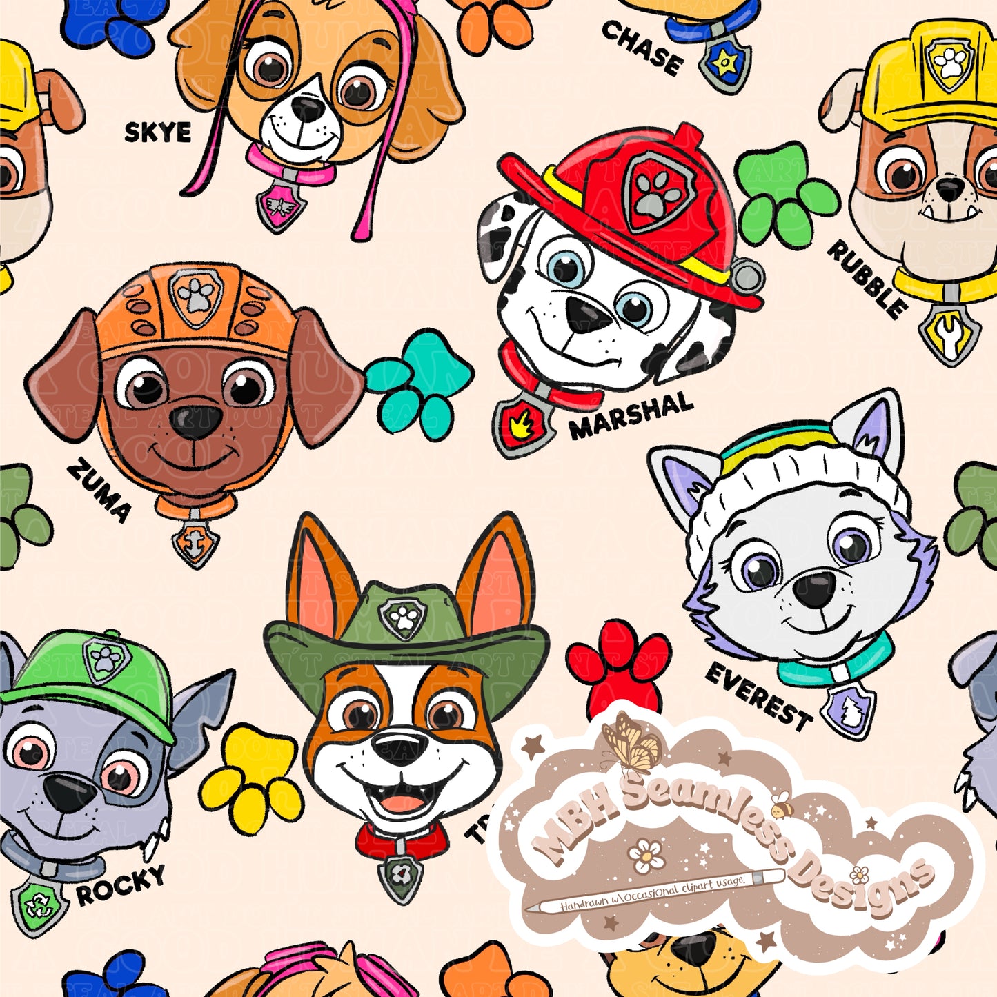 Paw Patrol Names Seamless Pattern MULTIPLE COLORWAYS