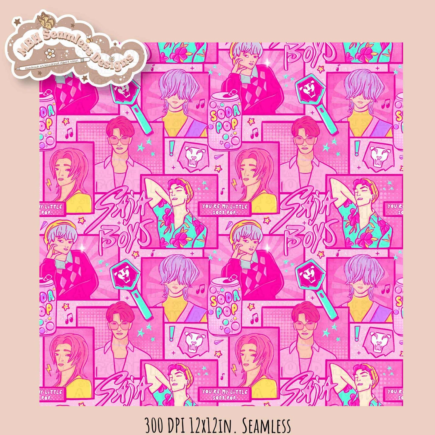 Pink Comic Soda Pop Boys Seamless Pattern // Assorted Colorway Options