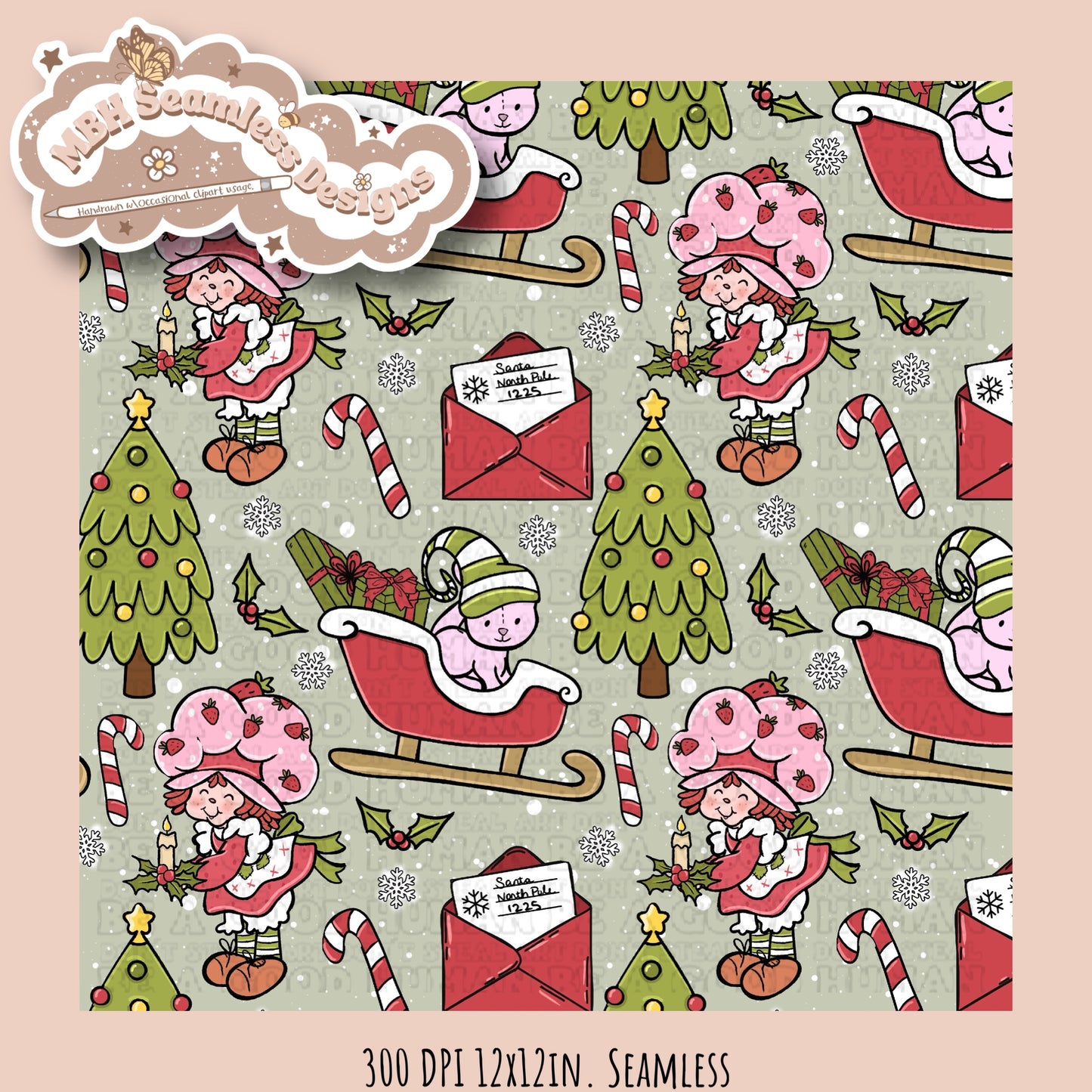 Christmas Strawberry Shortcake Seamless & PNG MULTIPLE COLORWAYS