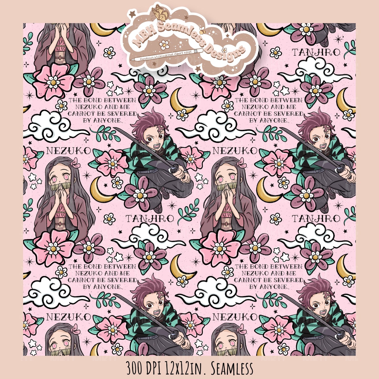 Tanjiro Nezuko Quote Floral Seamless Pattern // PNG // MULTIPLE COLORWAY OPTIONS