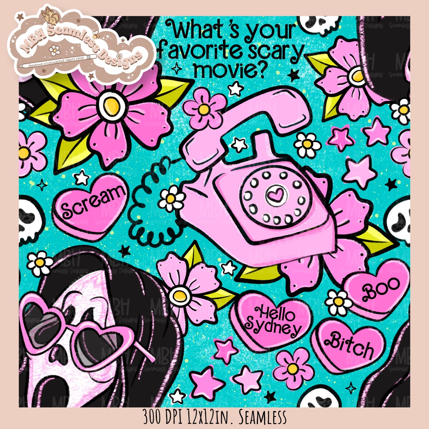 Glitter Tattoo Floral x Ghostface Seamless Pattern // PNG //Multiple Colorway Options