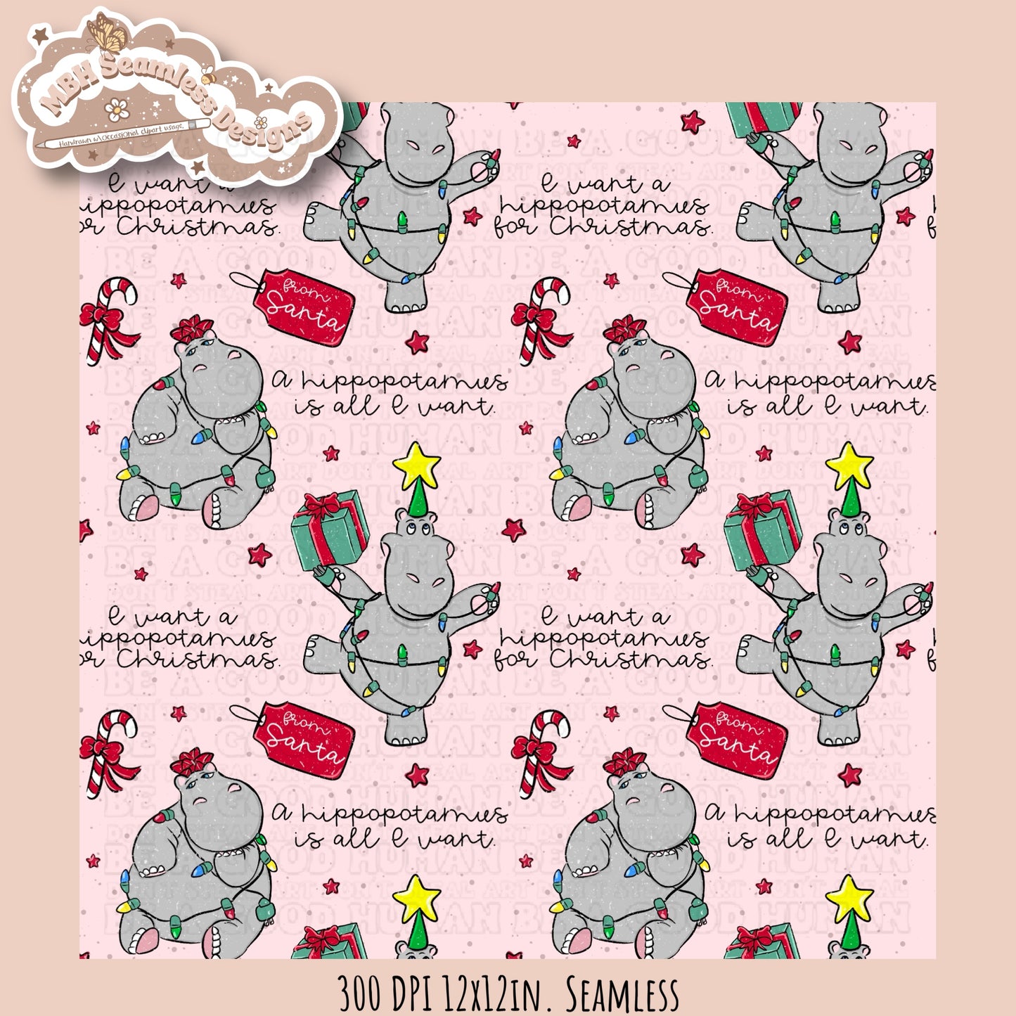 Hippopotamus Christmas Seamless Pattern MULTIPLE COLORWAYS