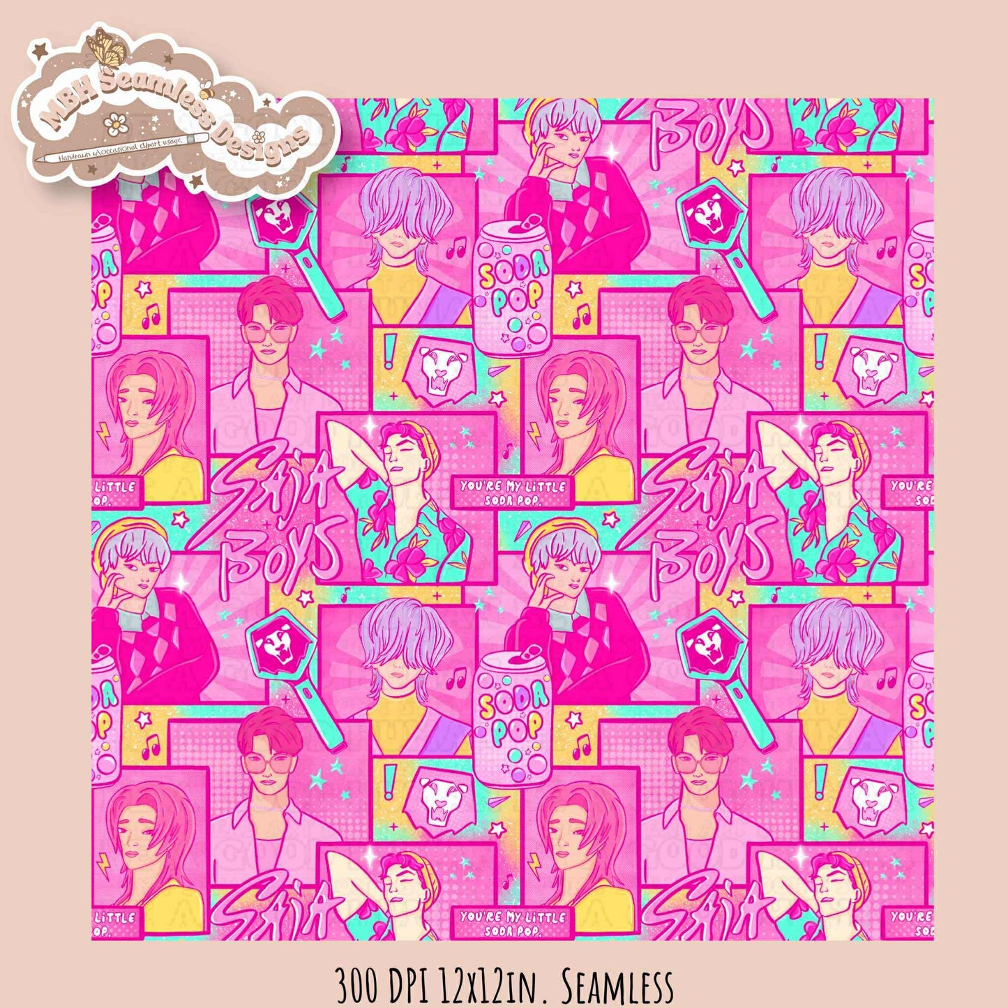 Pink Comic Soda Pop Boys Seamless Pattern // Assorted Colorway Options