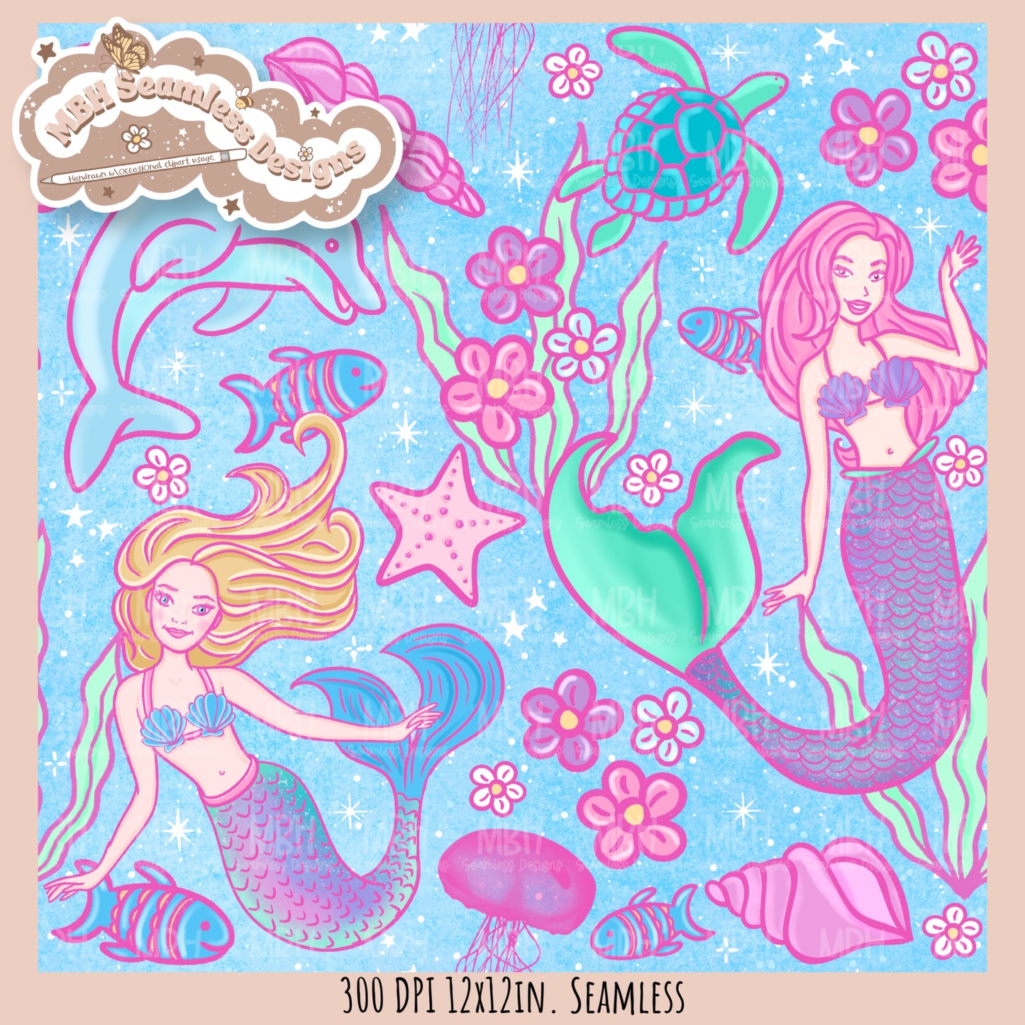 Barbie Mermaids Seamless Pattern //  MULTIPLE COLORWAYS