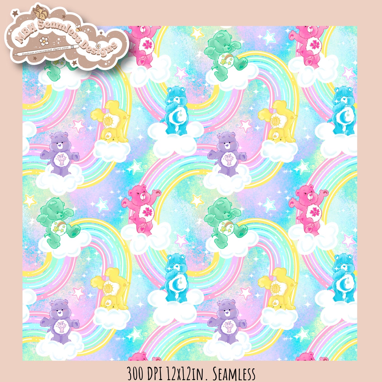 LIMITED EXCLUSIVE (NO FABRIC SHOPS) Rainbow Pastel Tie Dye Care Bears Seamless Pattern