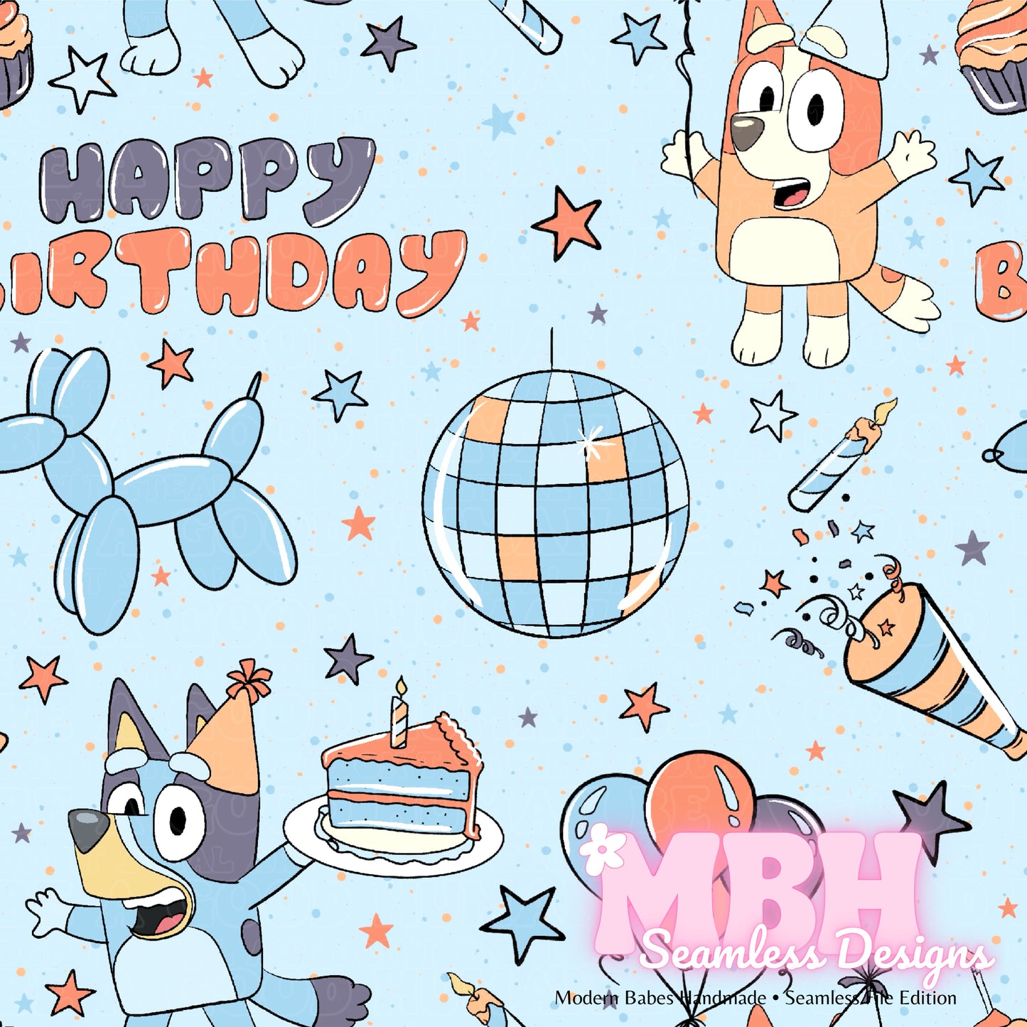 Heeler Disco Birthday MULTIPLE COLORWAYS Seamless Pattern