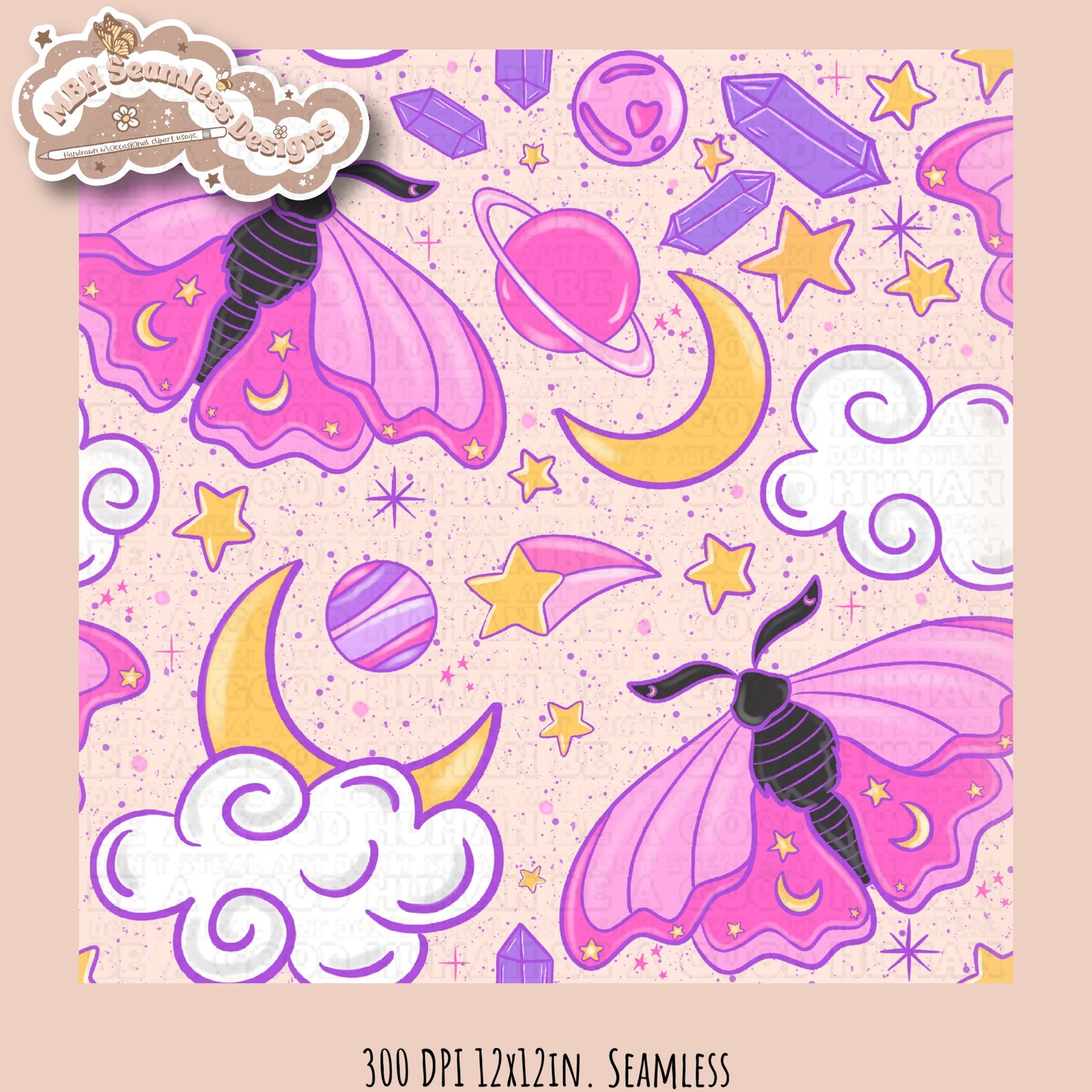 Galaxy Moths Seamless Pattern Multiple Colorways