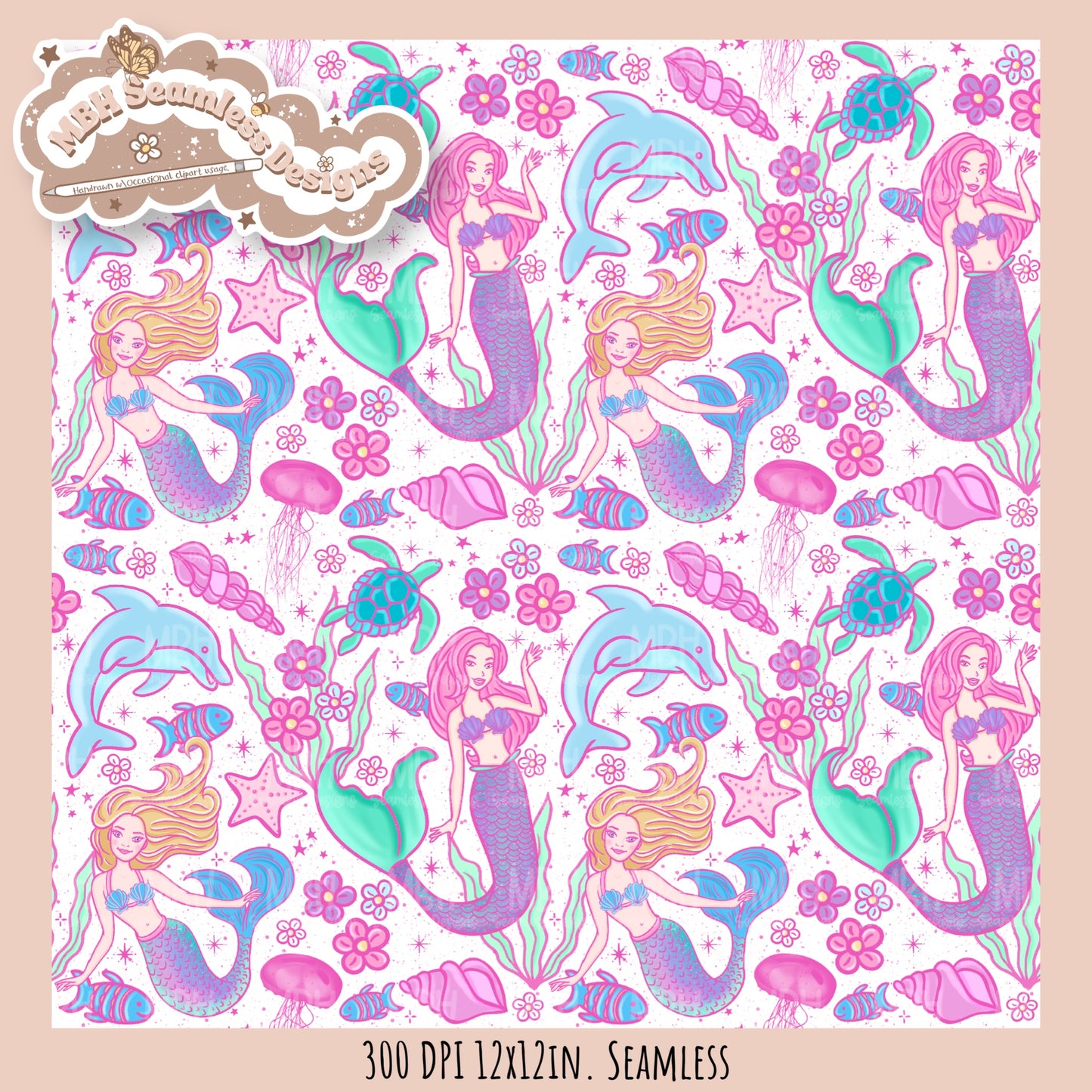 Barbie Mermaids Seamless Pattern //  MULTIPLE COLORWAYS