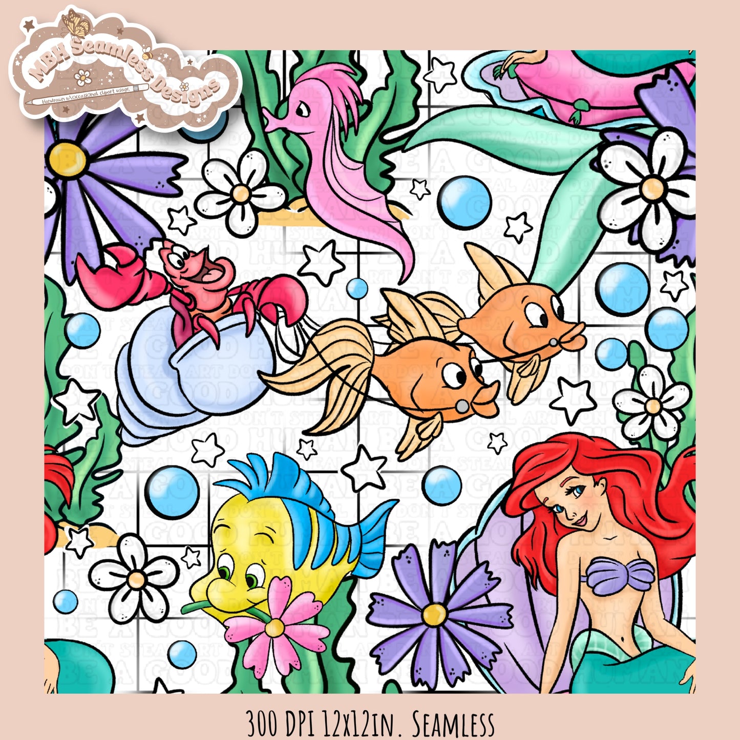 Little Mermaid Floral Seamless Pattern & PNG • MULTIPLE COLORWAY OPTIONS