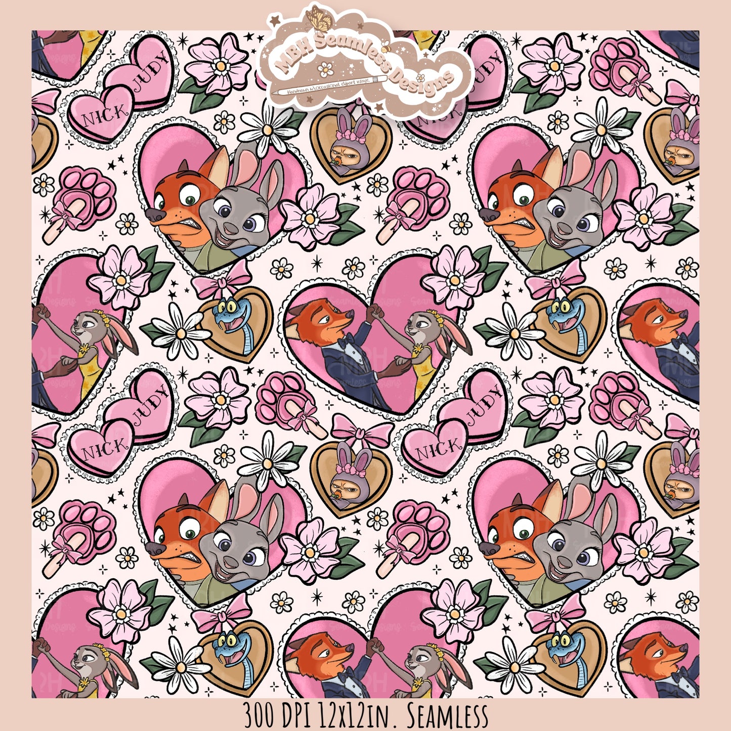 Nick & Judy Romance Seamless Pattern // PNG // Assorted Colorways