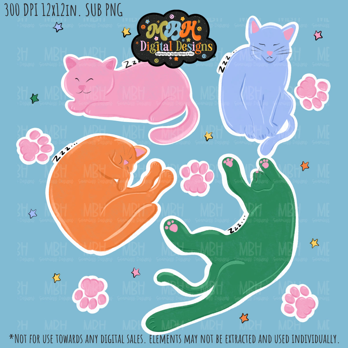Retro Starry Sleepy Cats Seamless Pattern // PNG // MULTIPLE COLORWAYS