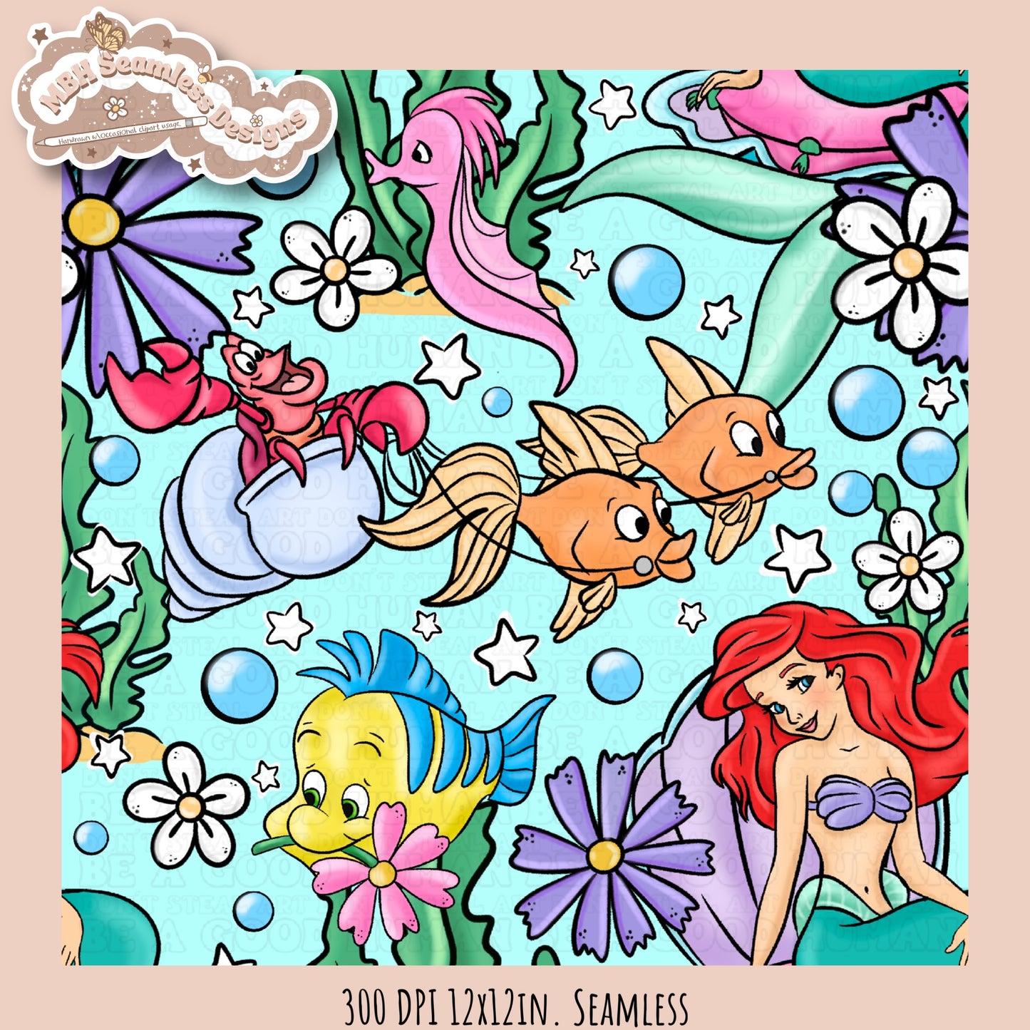 Little Mermaid Floral Seamless Pattern & PNG • MULTIPLE COLORWAY OPTIONS