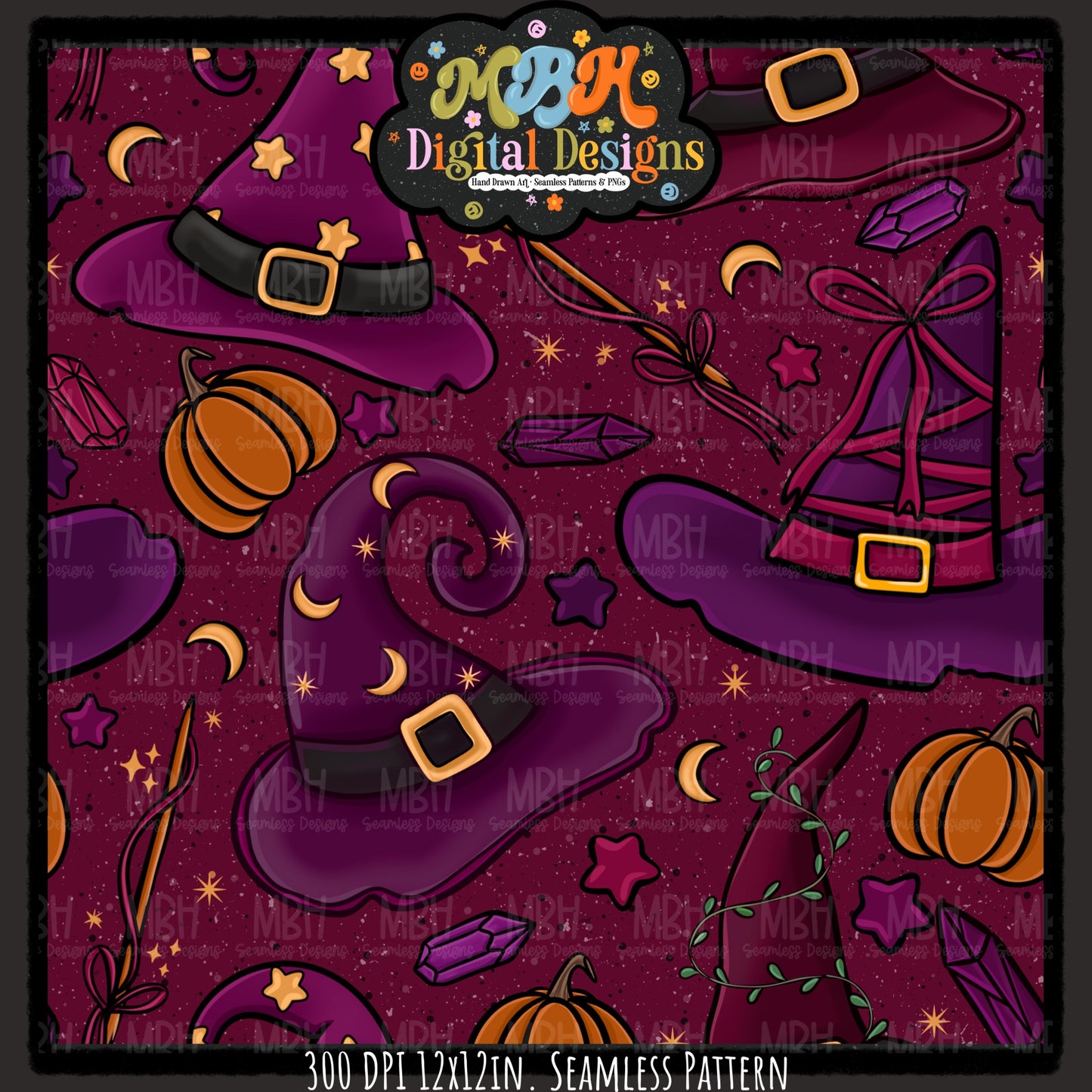 Witch Hats and Pumpkins Seamless Pattern // PNG // MULTIPLE COLORWAYS
