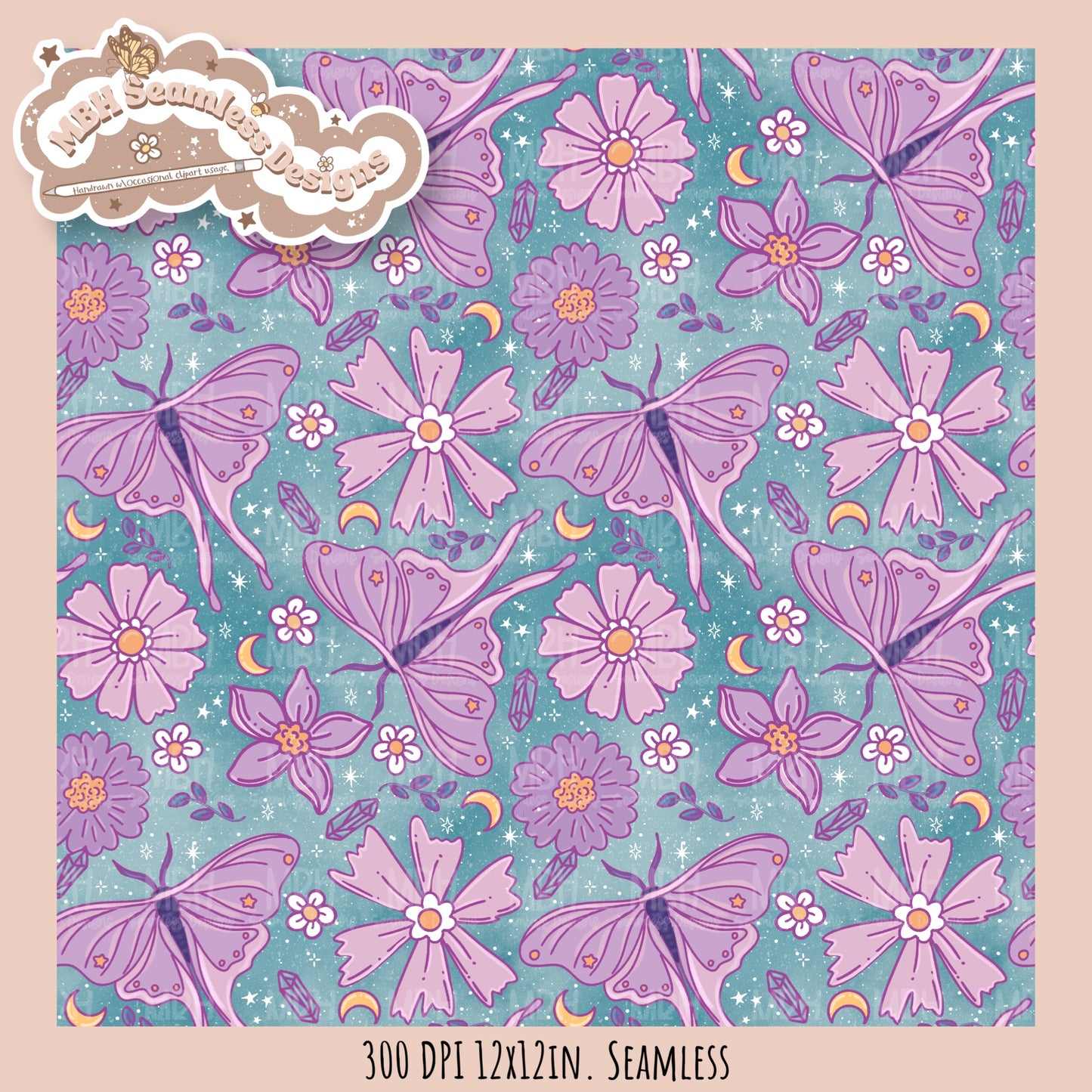 Starry Night Floral Luna Moths Seamless Pattern // PNG//  MULTIPLE COLORWAYS