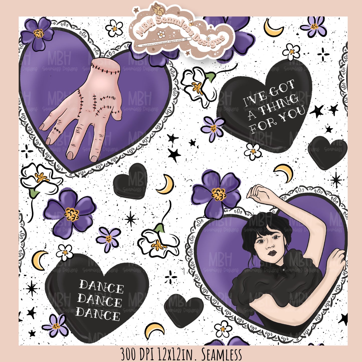 Wednesday Purple Tattoo Hearts Seamless Pattern // PNG // Assorted Colorways