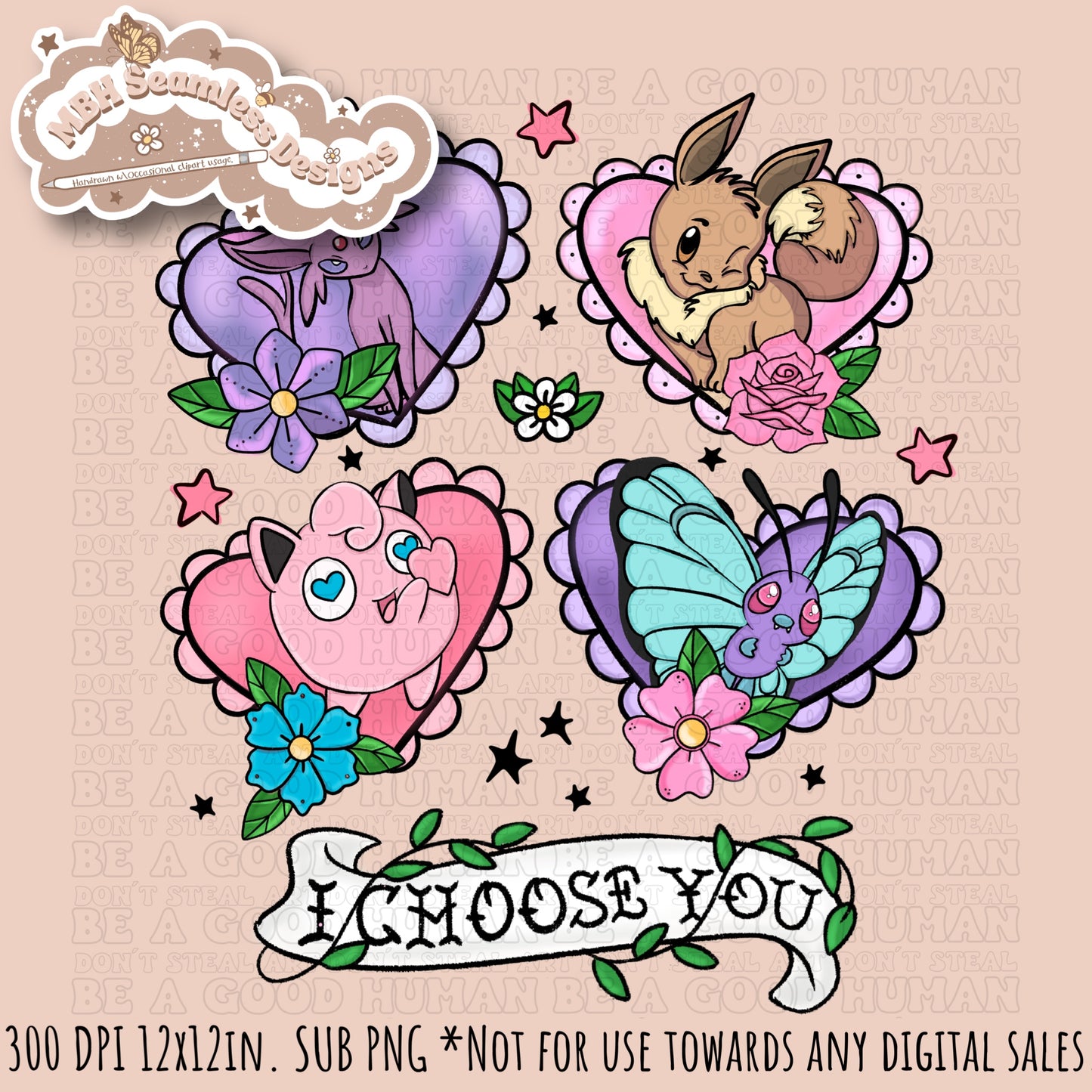 Pokémon Tattoo Hearts Seamless Pattern Multiple Colorways