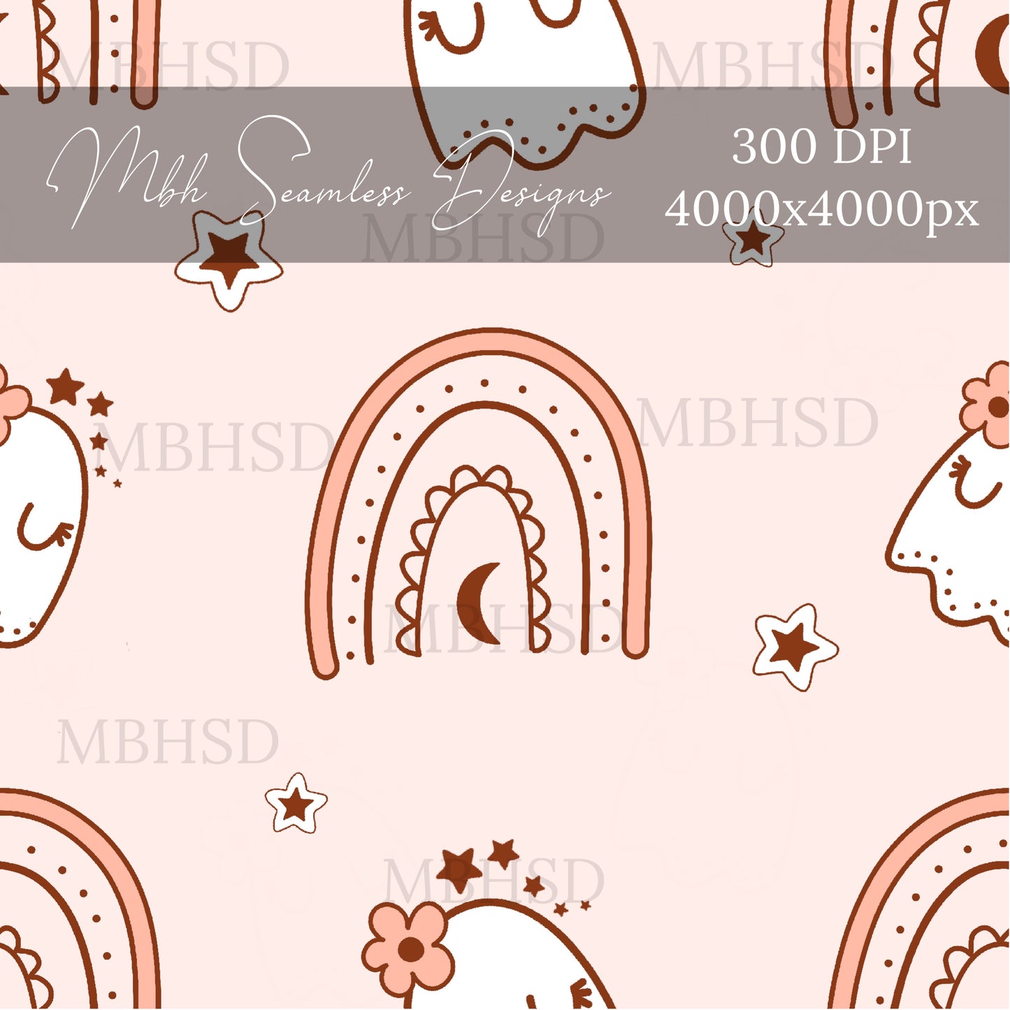 Boho Rainbow Ghosts Seamless Pattern