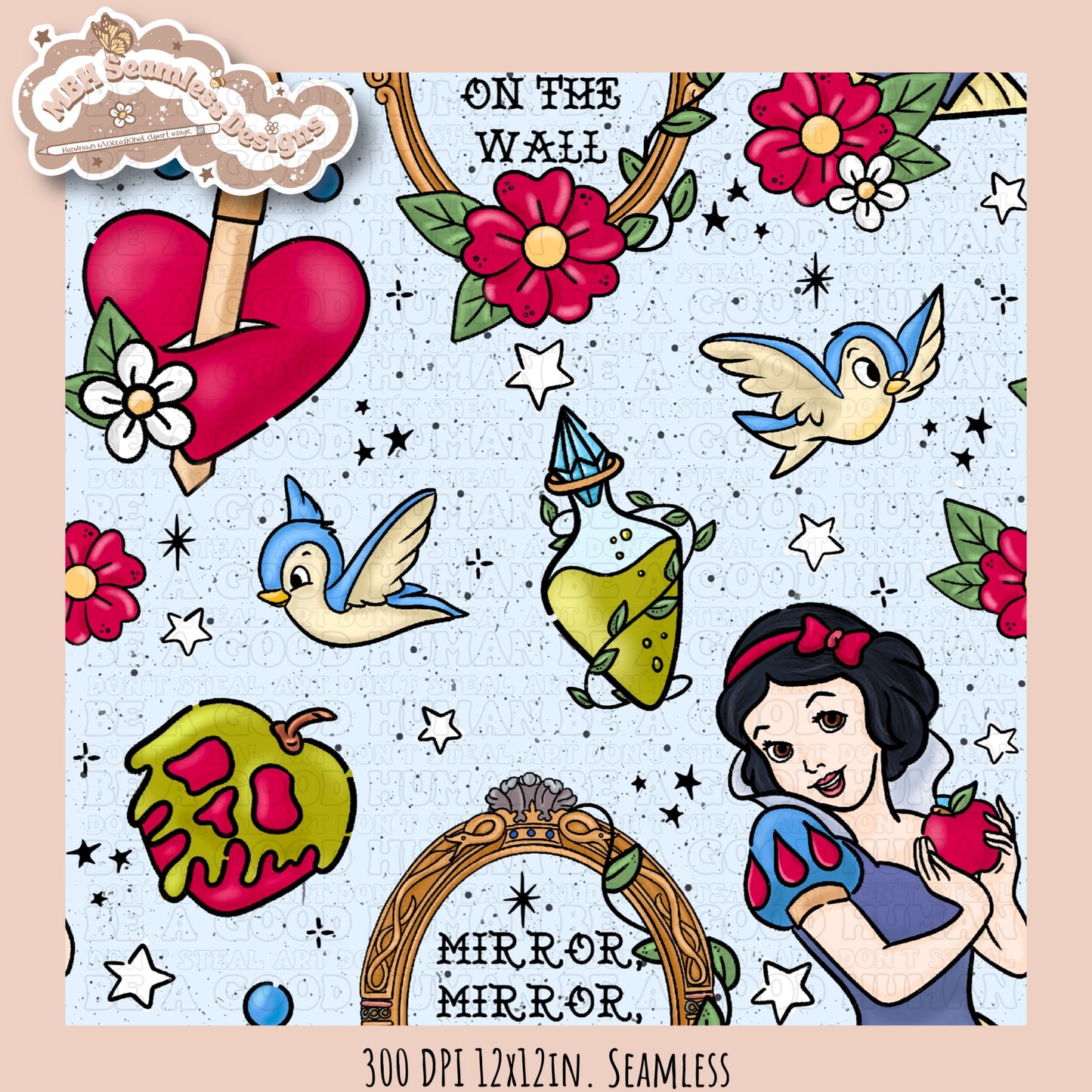 Snow White Tattoo Floral Seamless Pattern MULTIPLE COLORWAYS