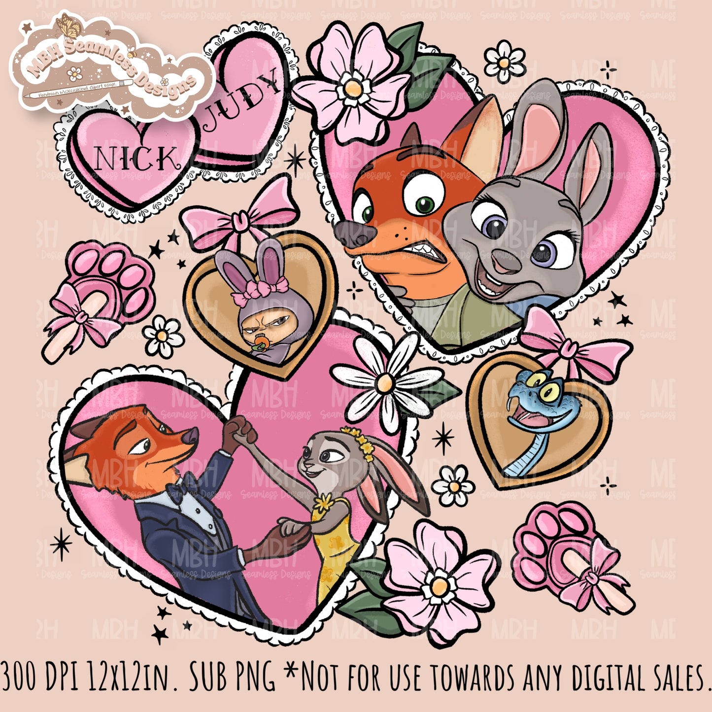 Nick & Judy Romance Seamless Pattern // PNG // Assorted Colorways