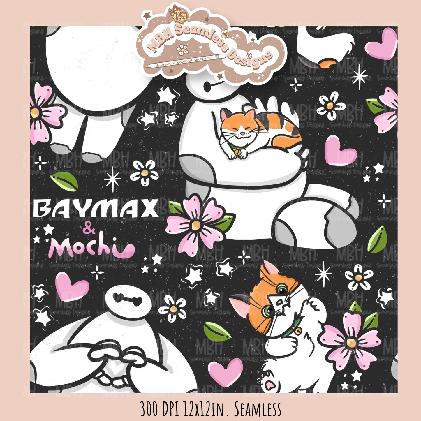 Floral Baymax Mochi Seamless Pattern // Multiple Colorway Options