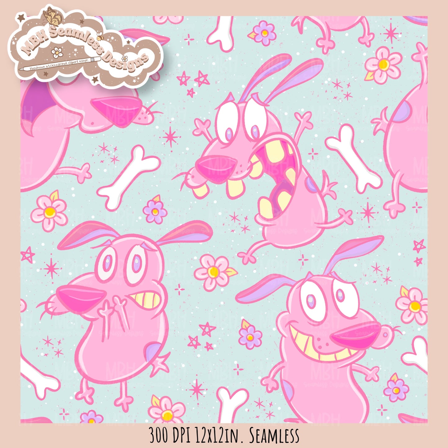 Pink Courage Dog Seamless Pattern // PNG // Assorted Colorway Options
