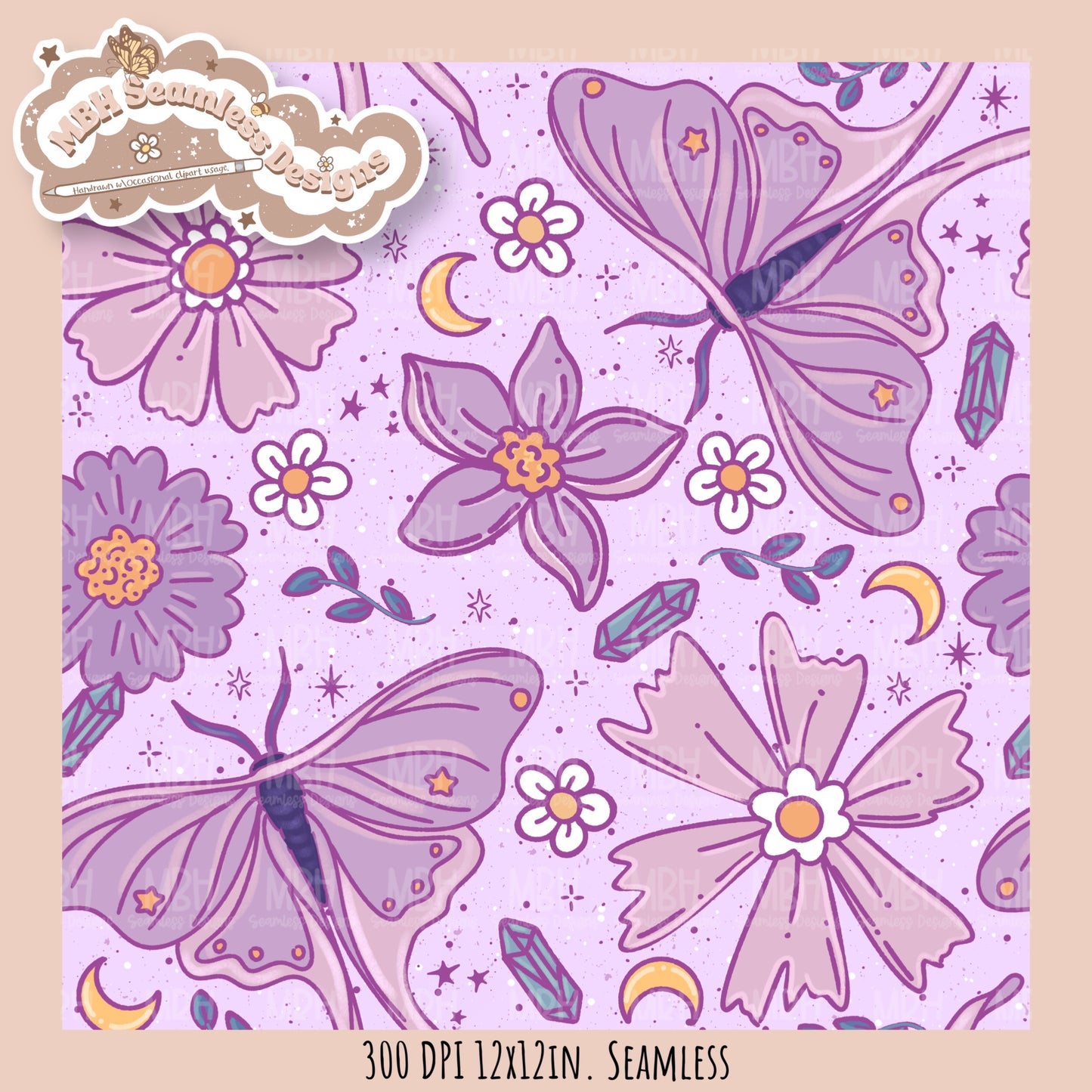 Starry Night Floral Luna Moths Seamless Pattern // PNG//  MULTIPLE COLORWAYS