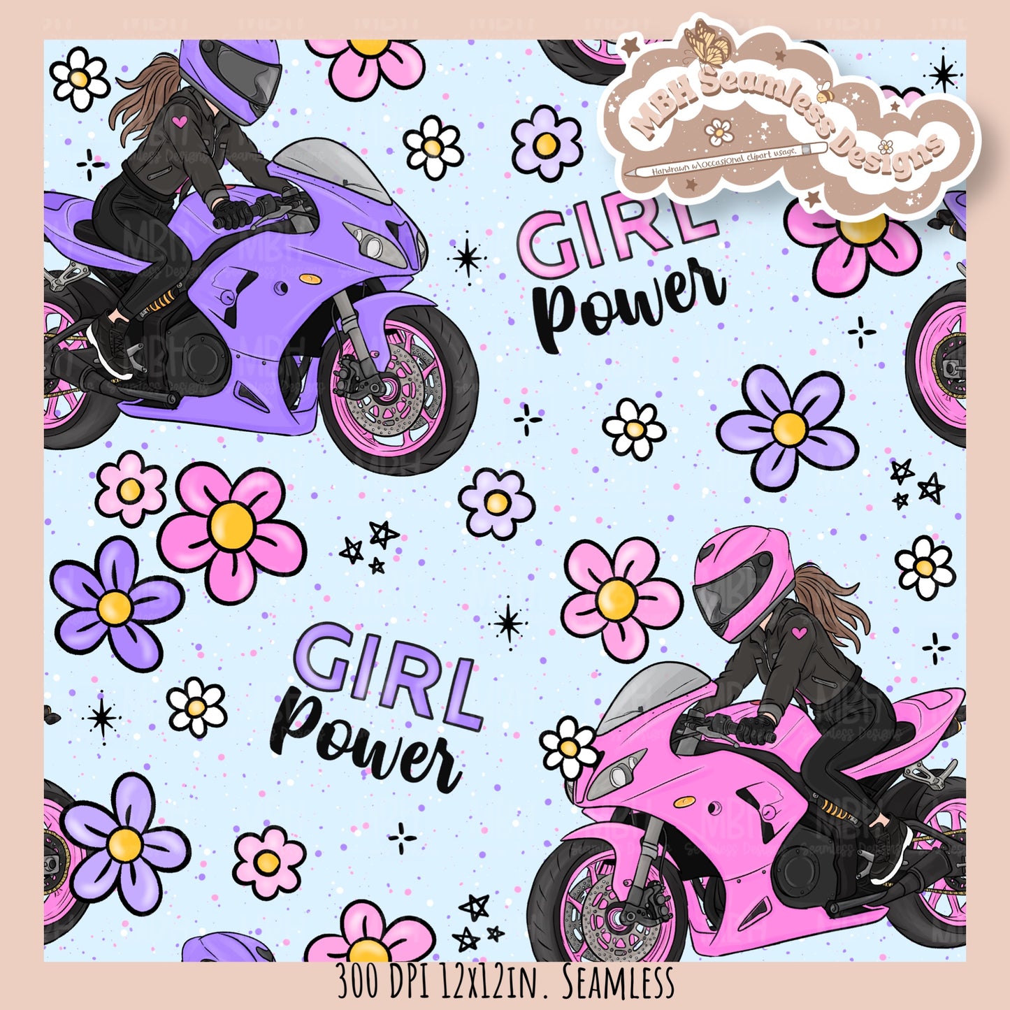 Moto Girl Power Seamless Pattern // PNG // Assorted Colorway Options