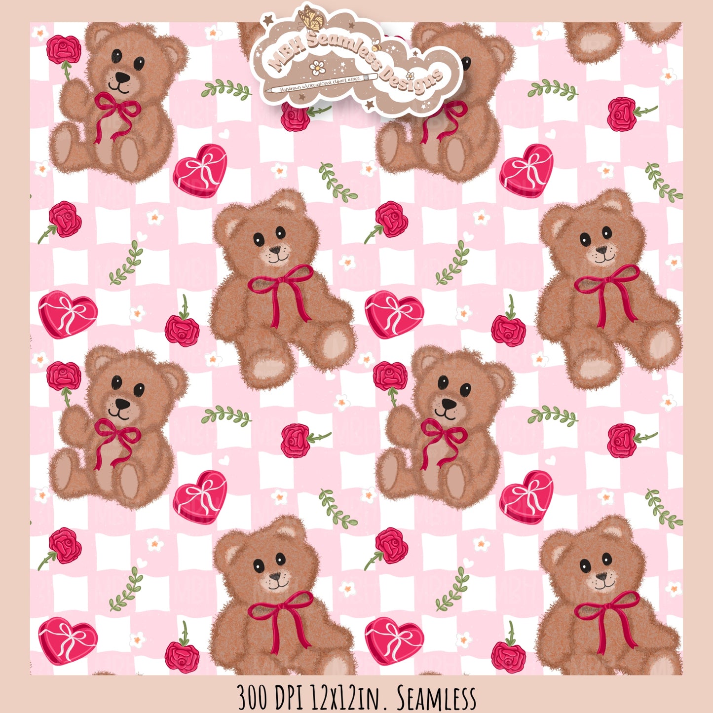 Teddy Bears & Roses Seamless Pattern // PNG // Assorted Colorways