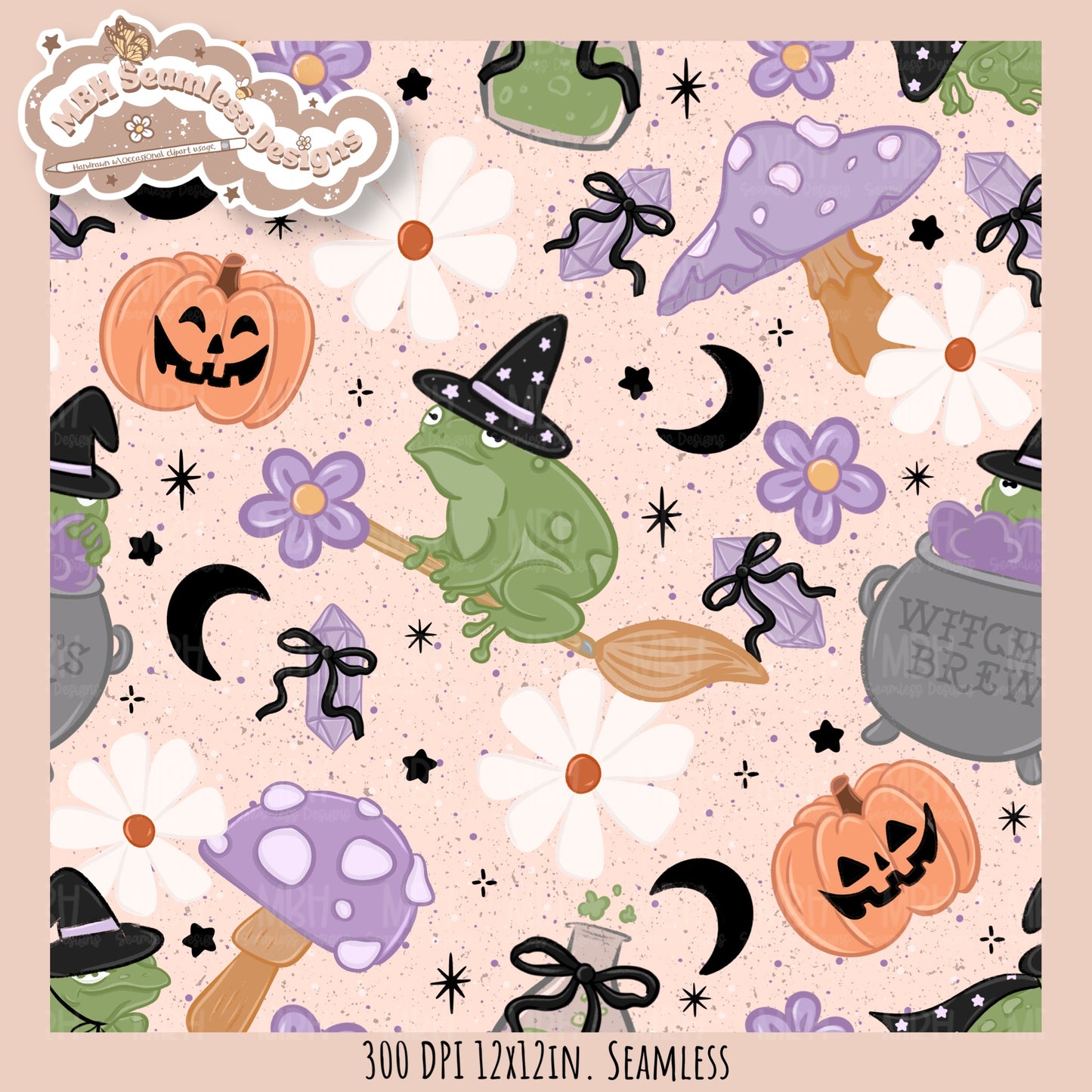 Coquette Witchy Frogs Seamless Pattern•PNG•Multiple Colorways