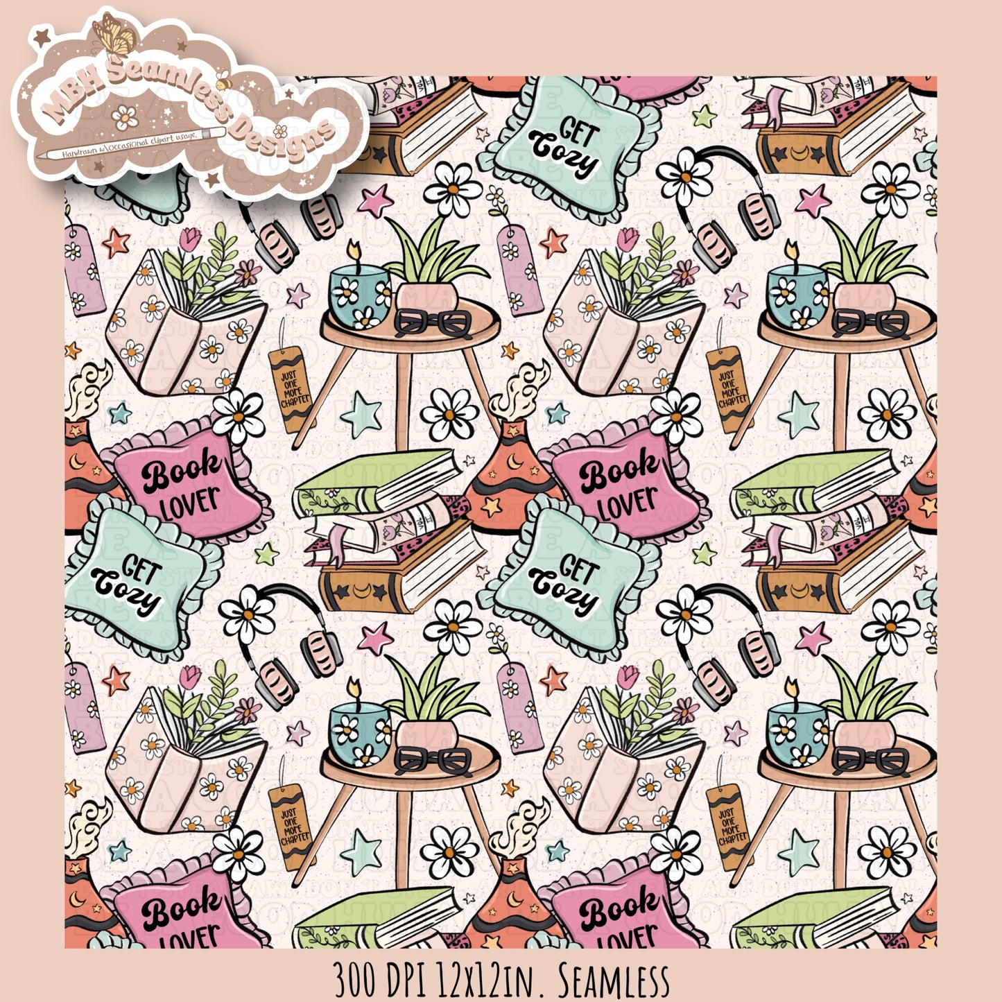 Cozy Spring Books Seamless Pattern & PNG•MULTIPLE COLORWAYS