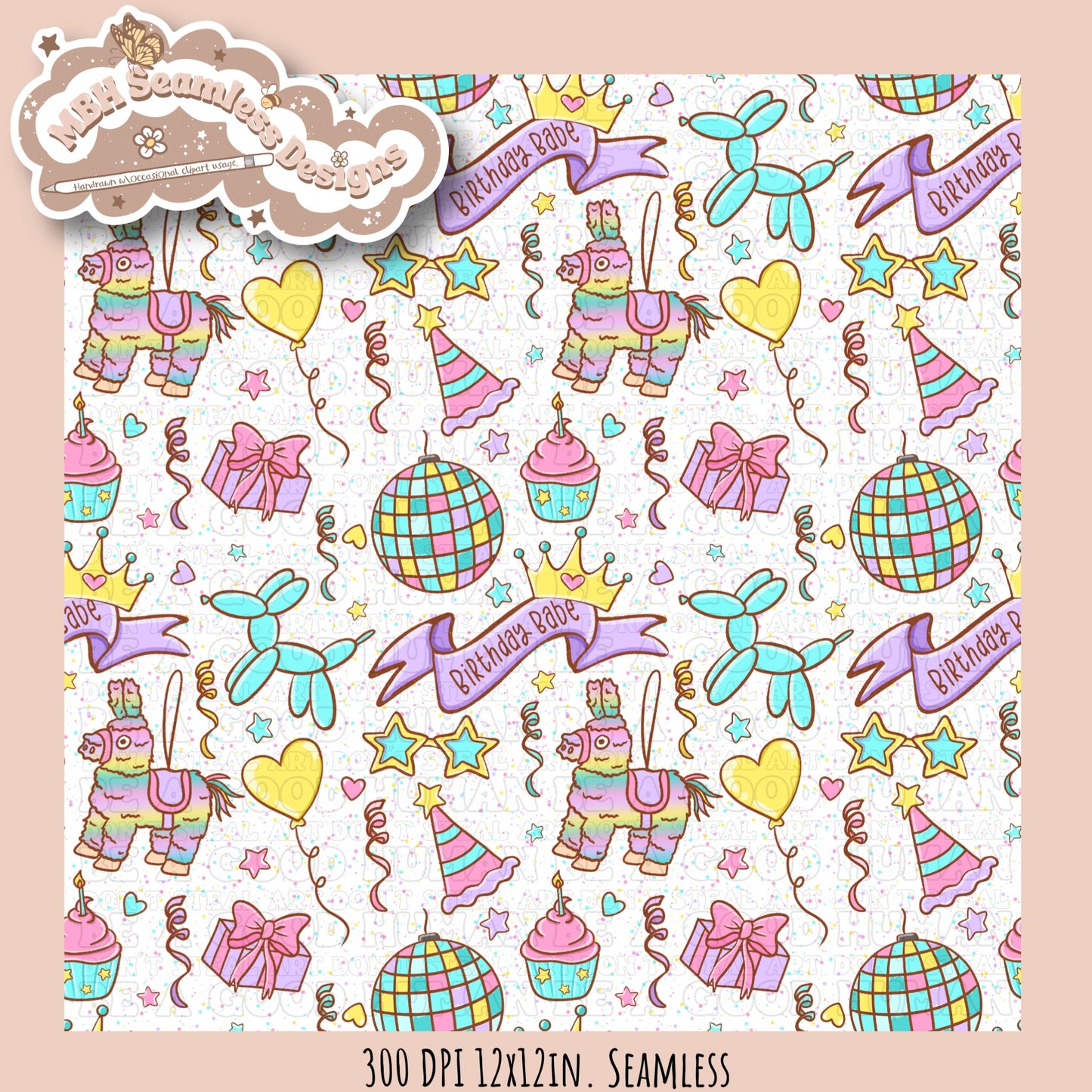 Girly Birthday Babe Seamless Pattern & PNG MULTIPLE COLORWAY OPTIONS