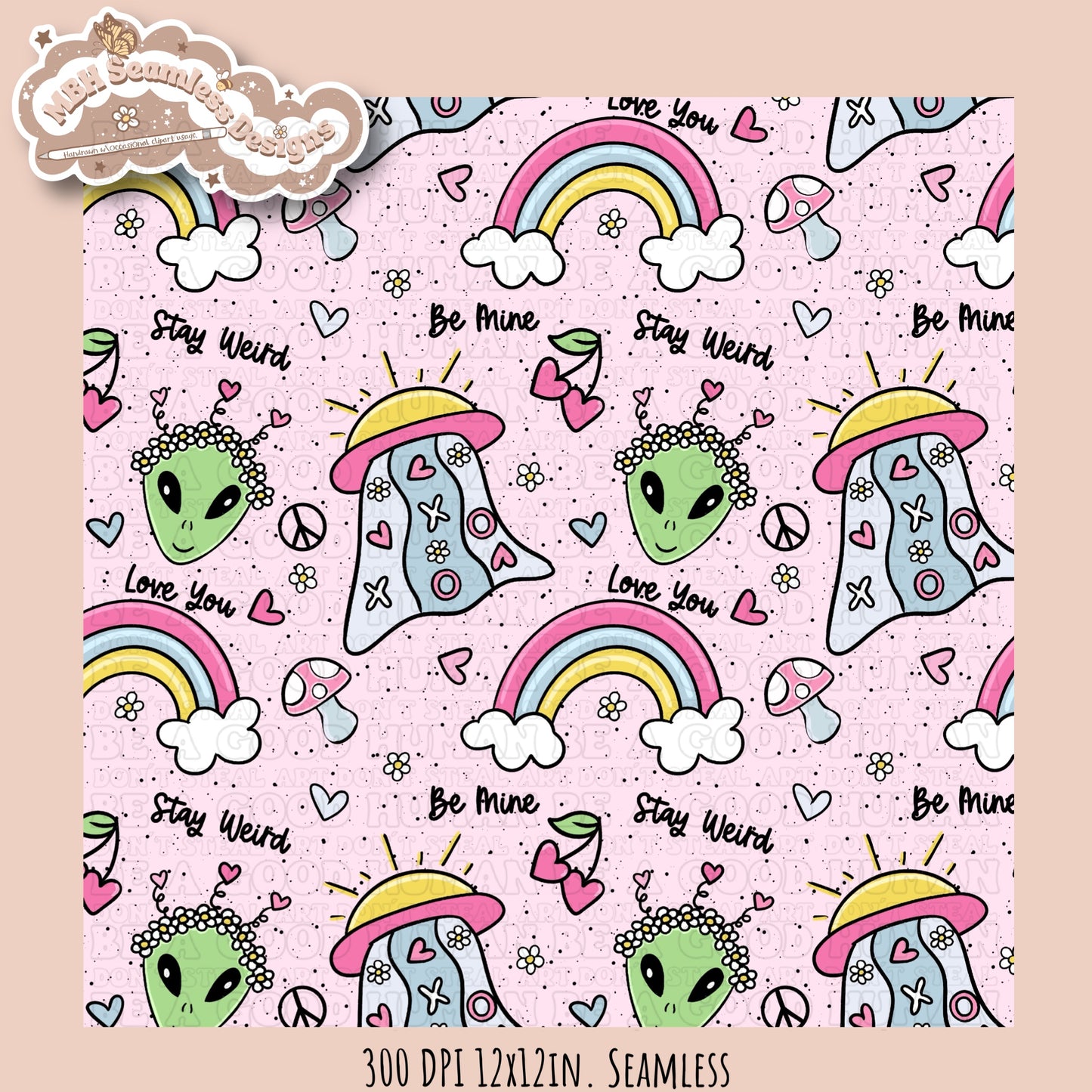 Alien Love Seamless Pattern MULTIPLE COLORWAY OPTIONS