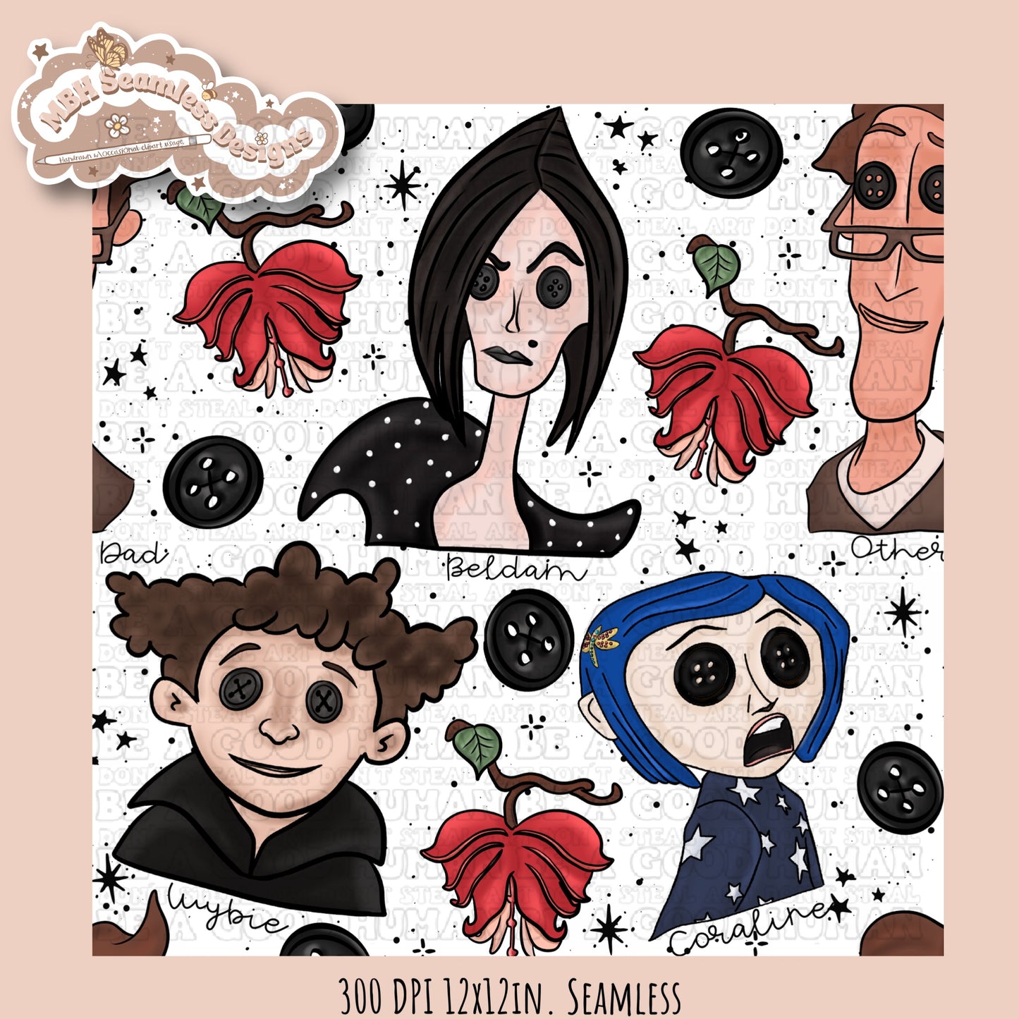 Bleeding Hearts Button Eyes Seamless Pattern Multiple Colorway Options