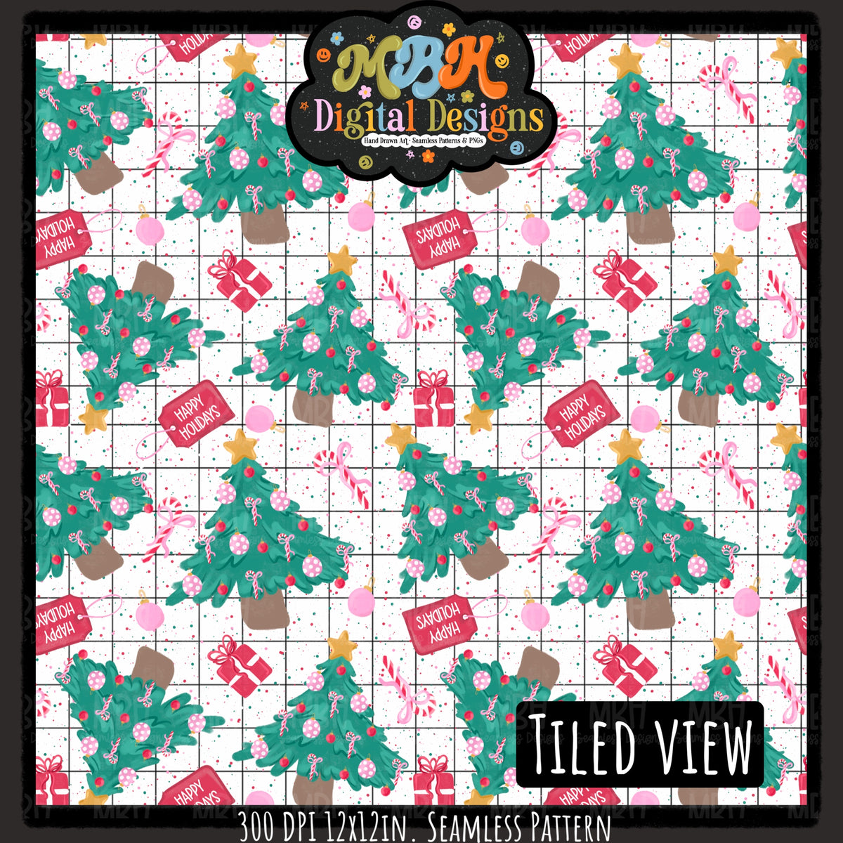 Happy Holiday Trees Seamless Pattern // PNG // MULTIPLE COLORWAYS