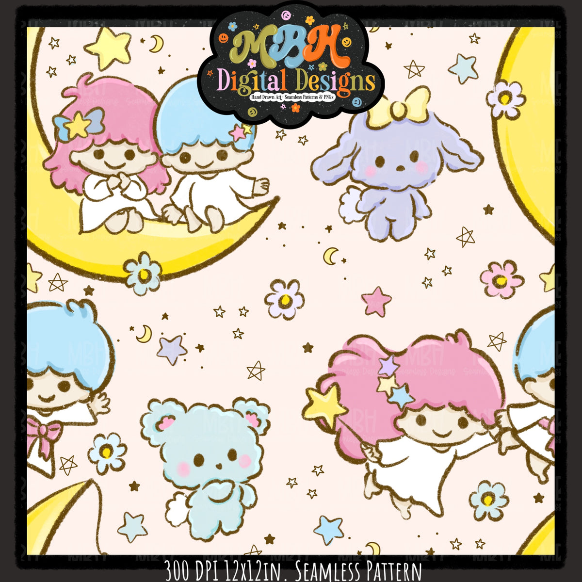 Little Twin Stars Seamless Pattern // PNG // Assorted Colorways