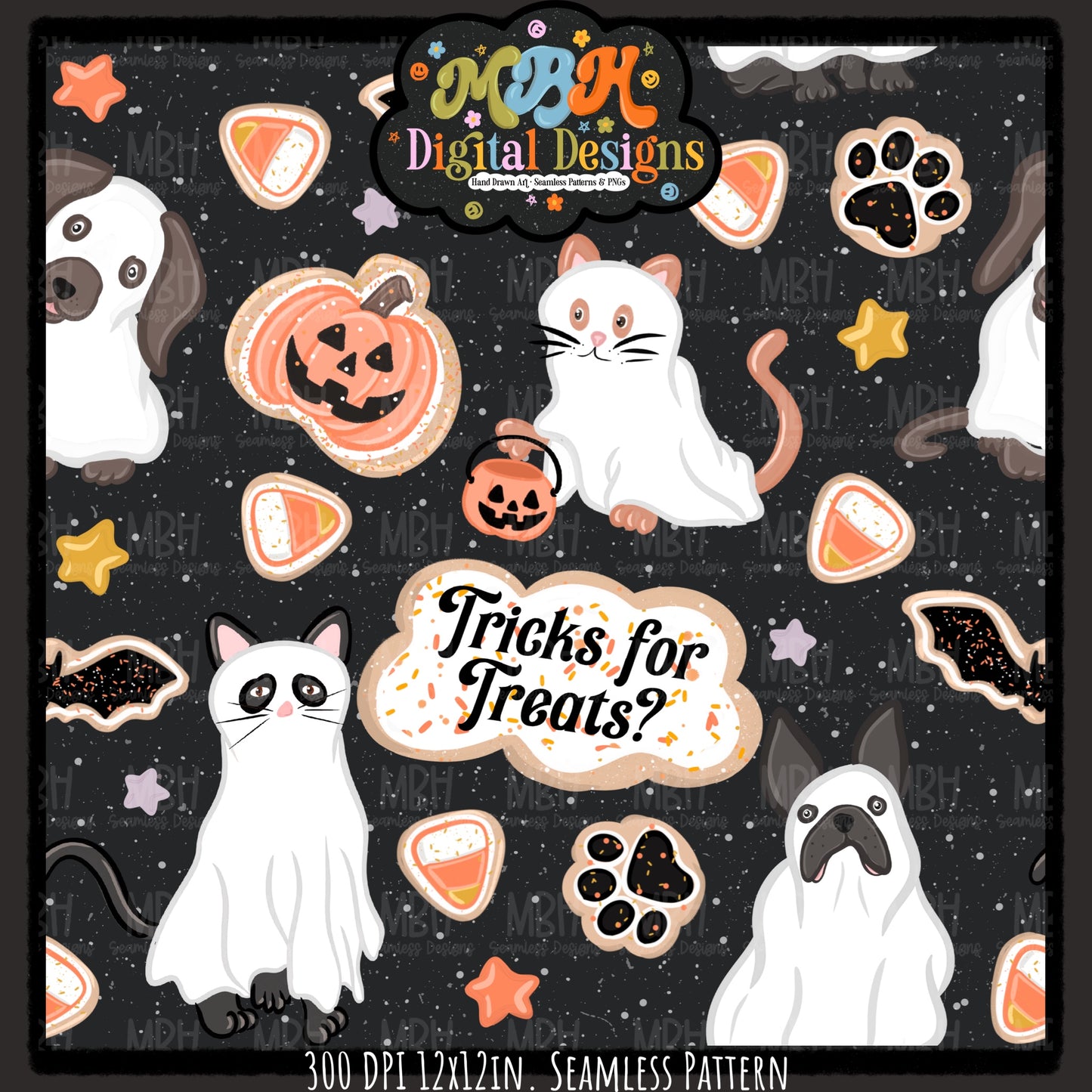 Ghost Cats & Dogs Seamless Pattern // PNG // MULTIPLE COLORWAYS