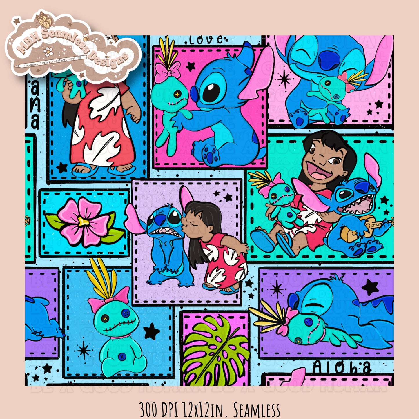 Lilo Stitch Scrump Patchwork Seamless Pattern Multiple Colorways