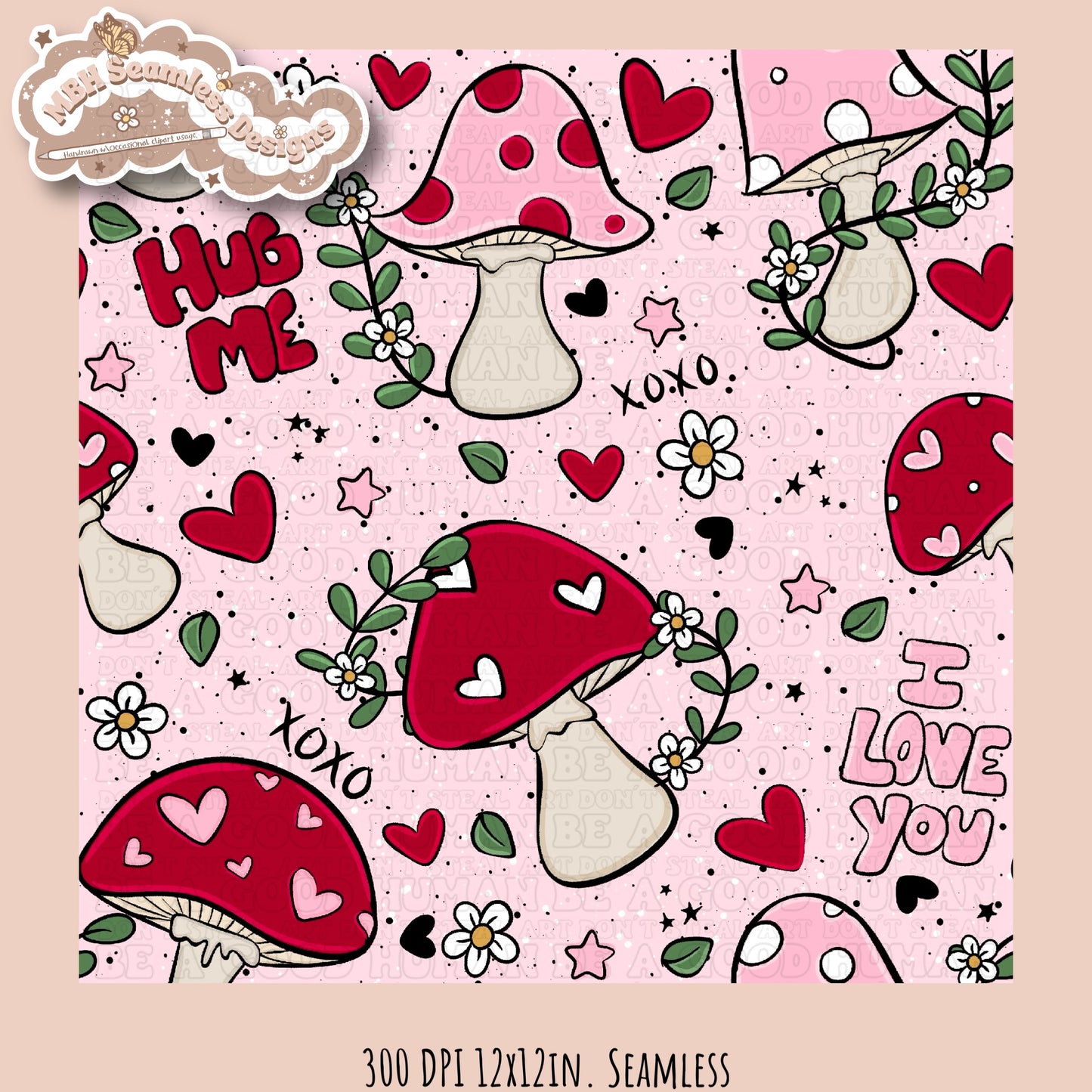 Mushroom Hearts Seamless Pattern Multiple Colorways